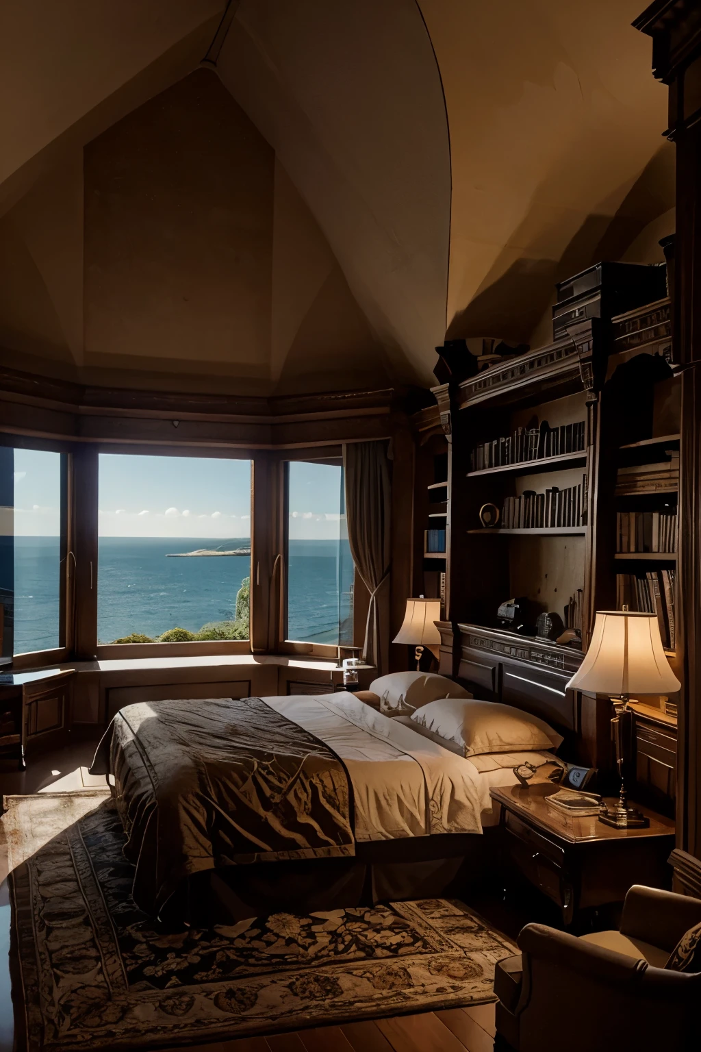 at night, a luxury castle bedroom, bookshelves, TV, large window, and sea outside, attract wind