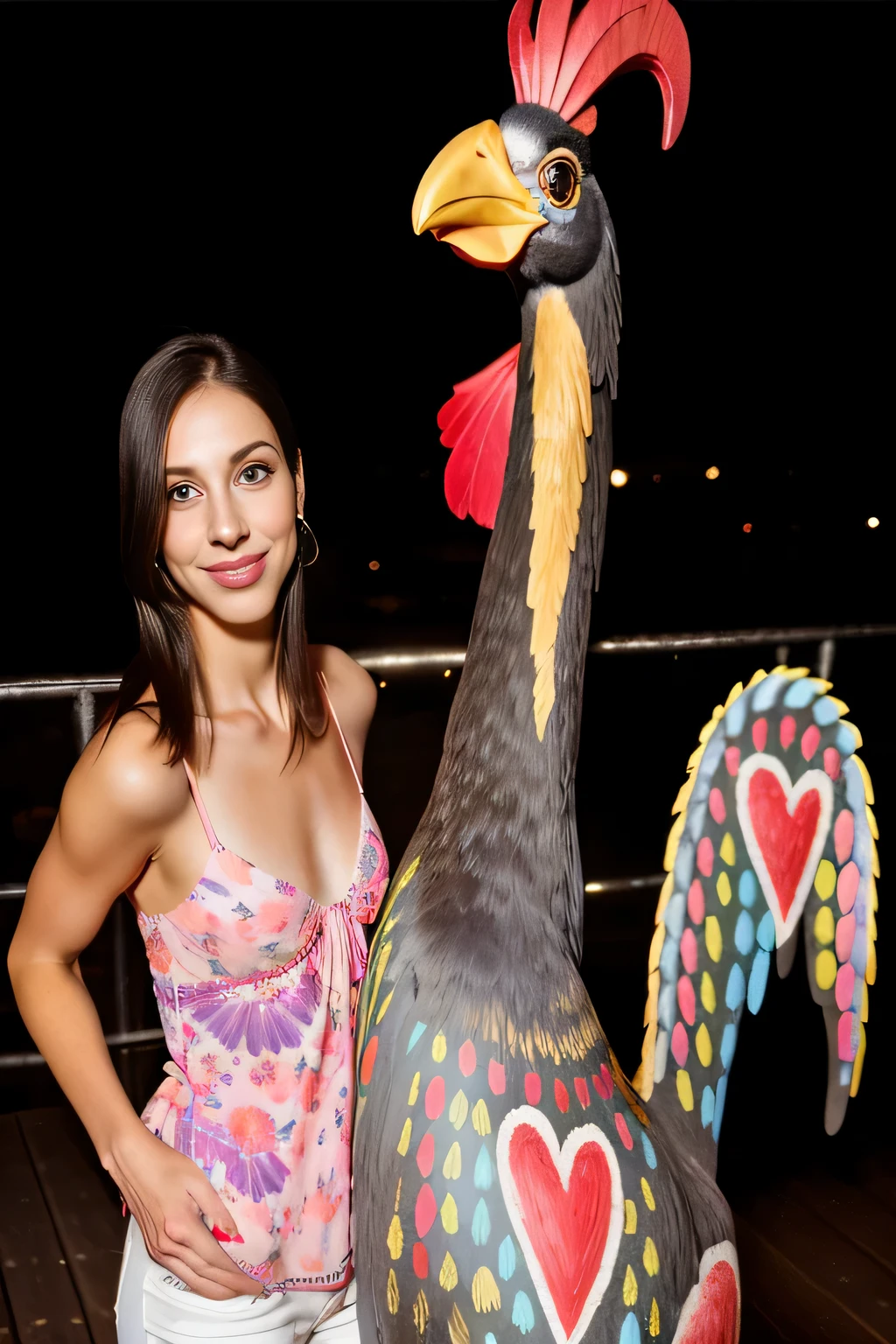 woman standing next to a painted galo statue on a deck, galo!!!!, foto 2010, galinha antropomorfizada, galo, reina rocin, photo taken at noite, Festival, convencido, de madeira, vacation photo, noite! . Uma mulher com pele branca e cabelos escuros. ela tem cerca de 35 anos. Her pink lips are like a delicate flower, seus olhos castanhos escuros, grande e encantador, parecem conter um mundo de maravilhas. Corpo fino. cintura fina. Your body exudes glamor and your face is the definition of beauty. altamente realista, lindo, pink lips, pink lipstick, sorridente, feeling of lightness and joy, hiperrealismo, pele muito elaborada, olhar direto. foto de corpo inteiro, foto clara, alta qualidade, high resolution, obra de arte, 8K.