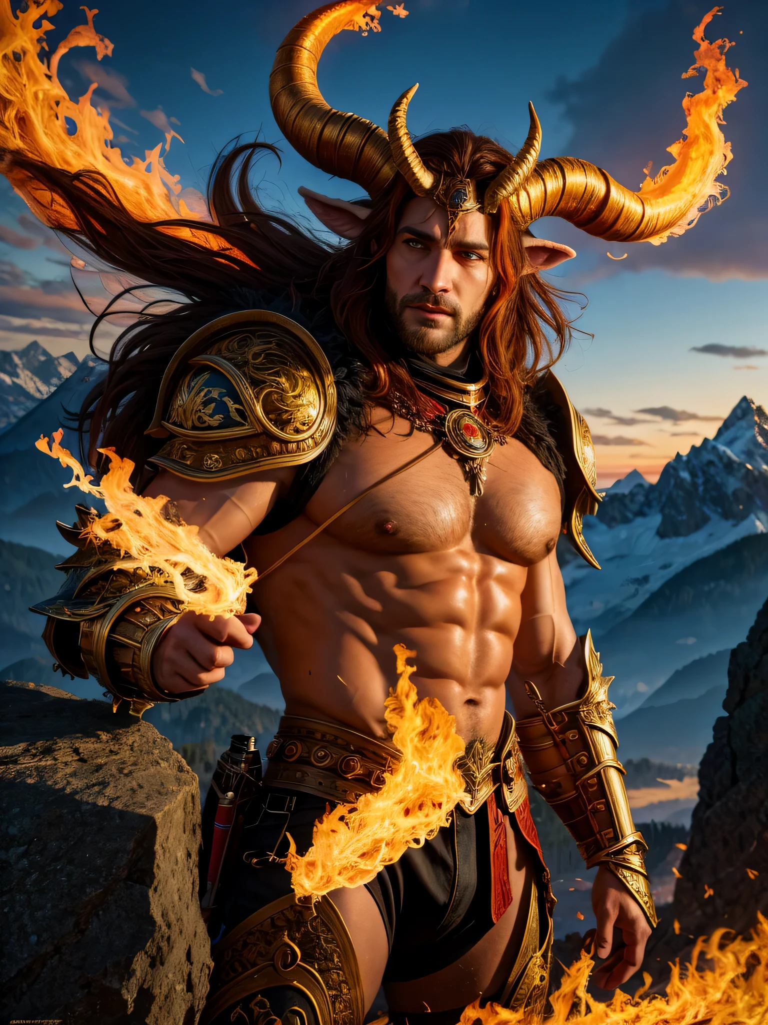 (photorealistic, masterpiece, detailed face, best quality, highres, 4k), Fantasy art, A striking depiction of Aries, the fiery ram, featuring a ruggedly handsome male model with piercing eyes and a fierce aura. He stands atop a mountain peak, adorned in armor with flaming horns, symbolizing his passionate and determined nature