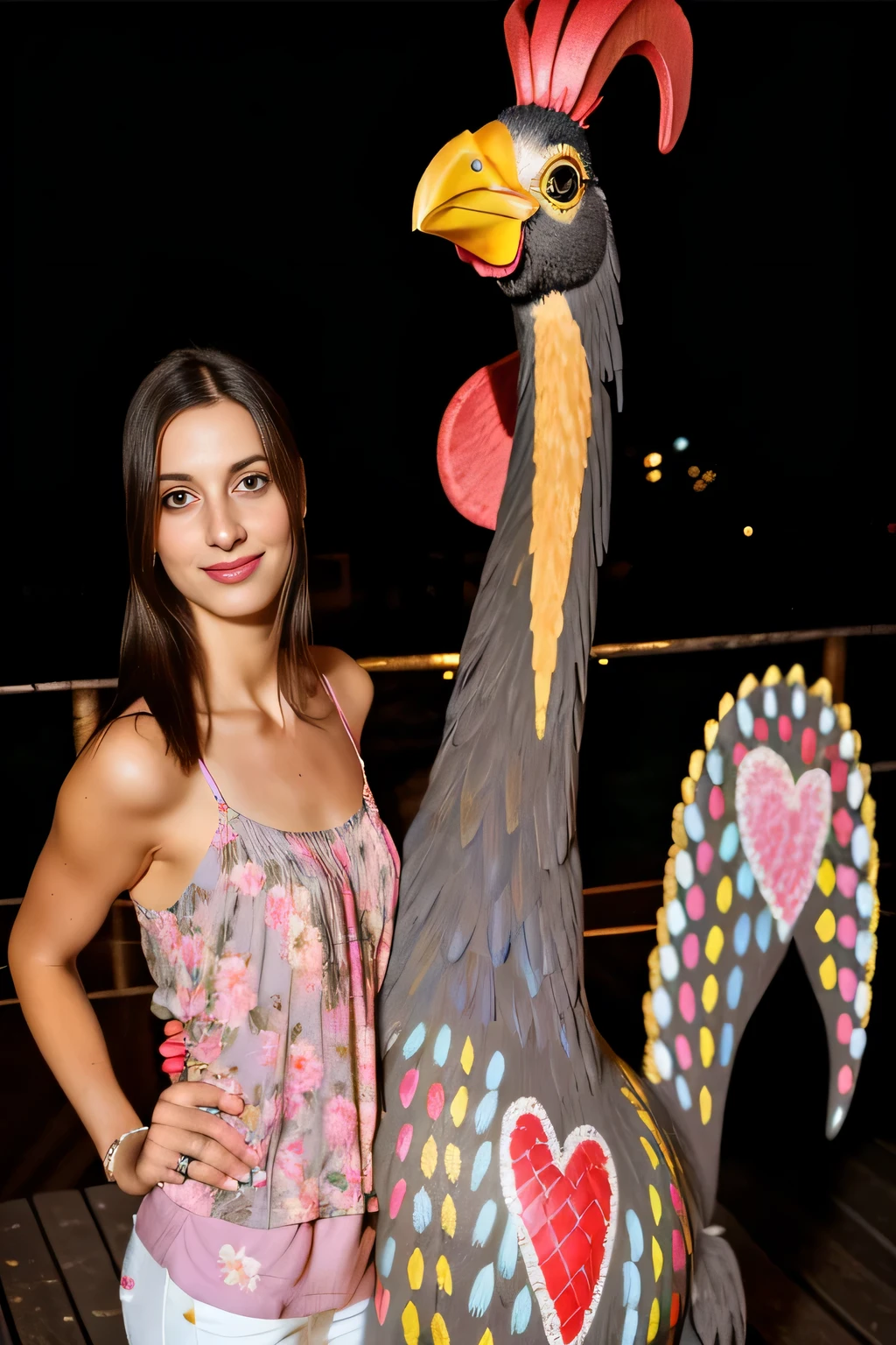 woman standing next to a painted galo statue on a deck, galo!!!!, foto 2010, galinha antropomorfizada, galo, reina rocin, photo taken at noite, Festival, convencido, de madeira, vacation photo, noite! . Uma mulher com pele branca e cabelos escuros. ela tem cerca de 35 anos. Her pink lips are like a delicate flower, seus olhos castanhos escuros, grande e encantador, parecem conter um mundo de maravilhas. Corpo fino. cintura fina. Your body exudes glamor and your face is the definition of beauty. altamente realista, lindo, pink lips, pink lipstick, sorridente, feeling of lightness and joy, hiperrealismo, pele muito elaborada, olhar direto. foto de corpo inteiro, foto clara, alta qualidade, high resolution, obra de arte, 8K.