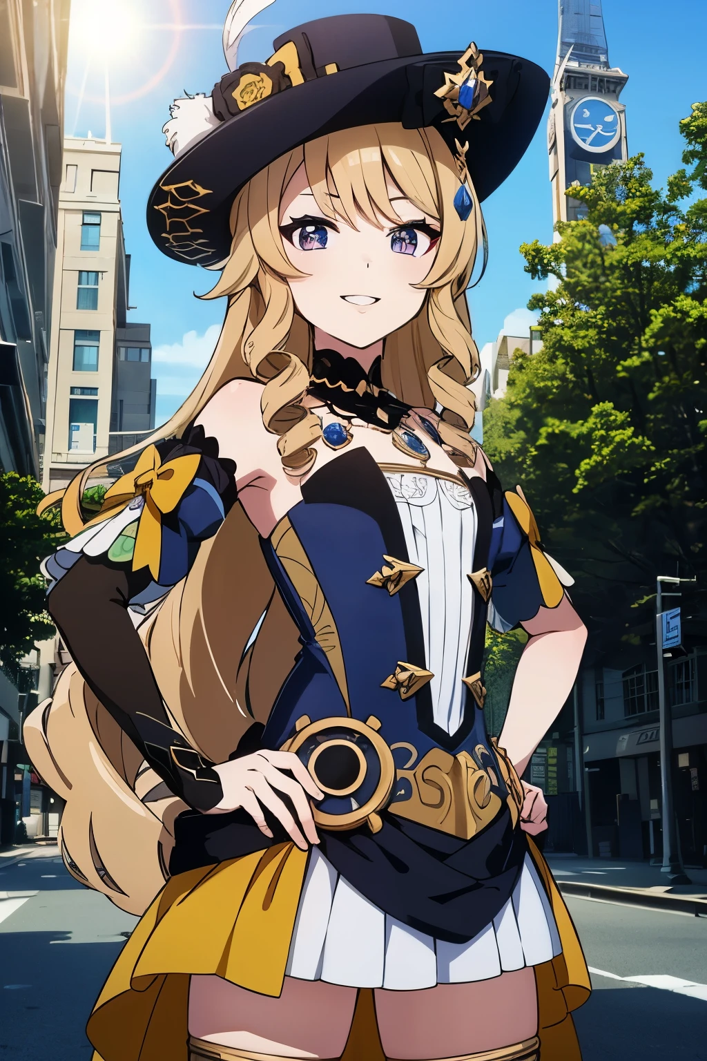 8k, hd, navia (genshin impact), anime, victorian city, midday, lens flare, stand pose, hands on hip, medium shots, dress, anime adaptation, storyline, medieval city, fantasy, smile, cute, ((flat anime shaders))