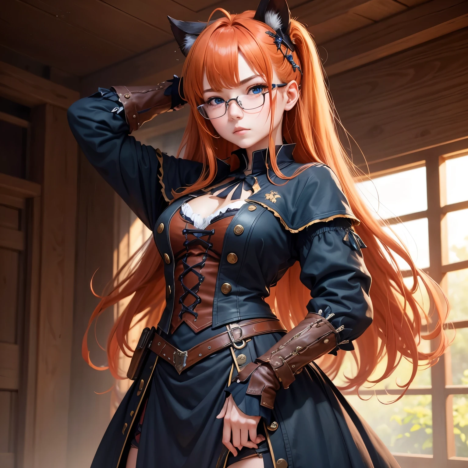8k, masterpiece, best quality, realistic, higly detailed, cowboy shot, 1girl, solo, Itsuki Nakano, serious looking girl, medium-length hair, expressive ahoge, reddish-orange hair colour, a pair of star-shaped hairpins near both of her eyes, dark blue eyes, average height, well-endowed figure, wears glasses, cute, Necromancer