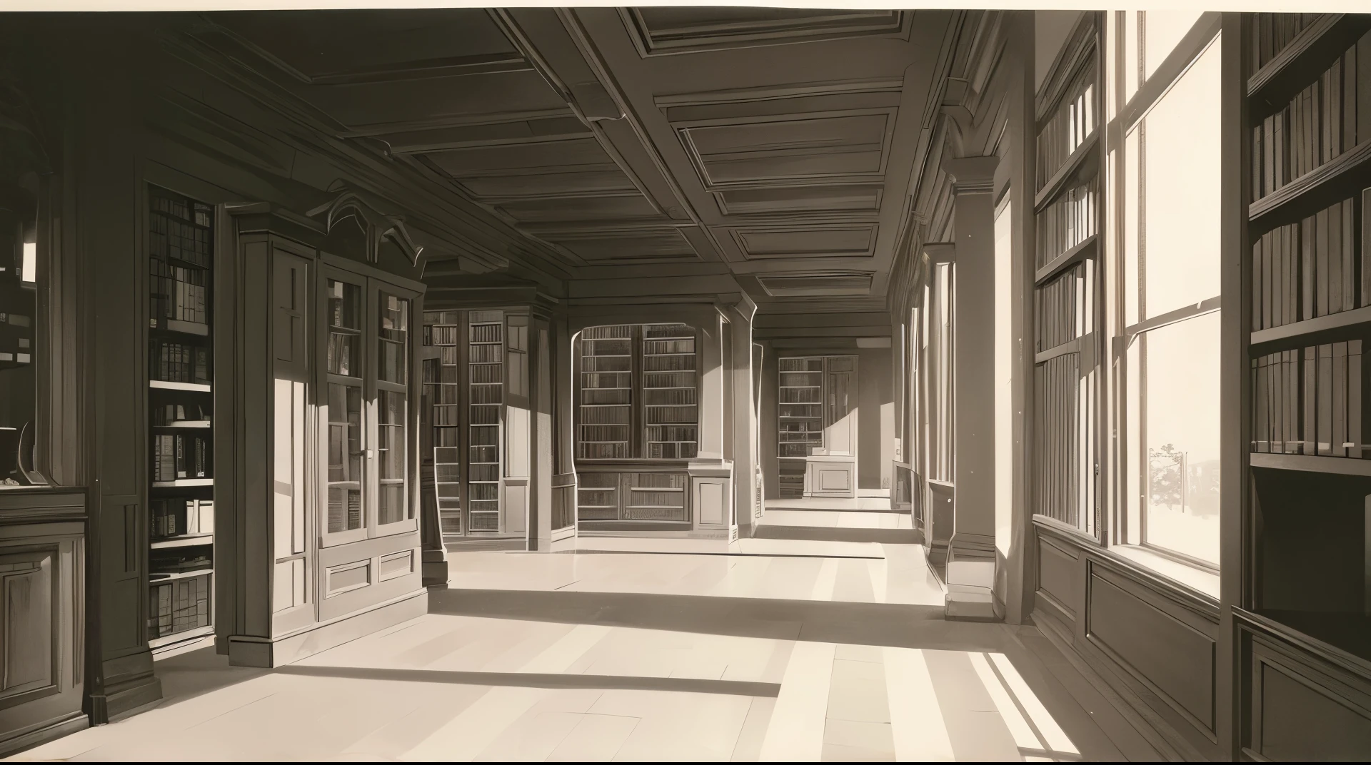 (Medium detail), library, (no people behind), B&W image