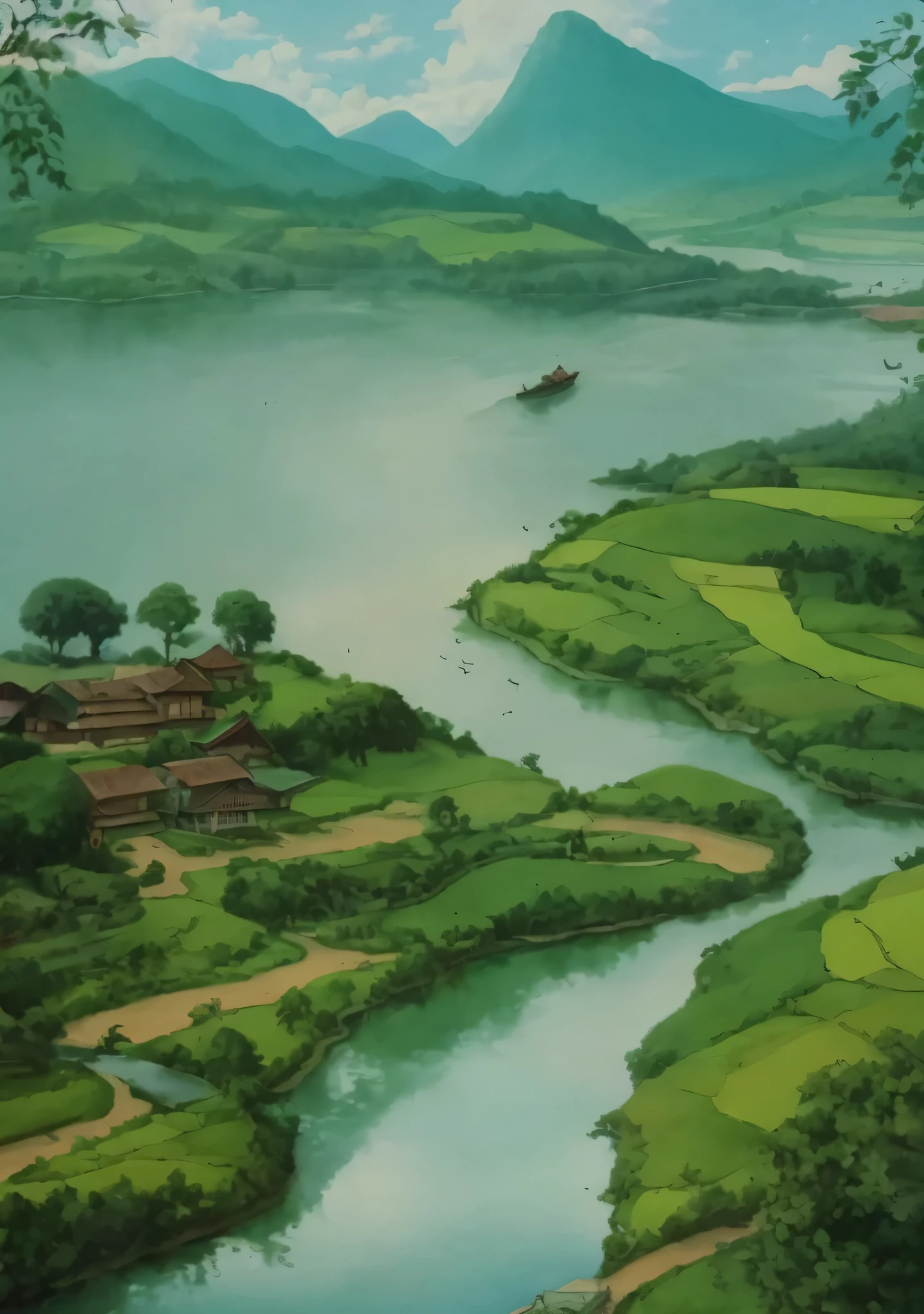 painting of a river with a boat and a village in the distance, scenery art detailed, by Yang Borun, assam tea village background, detailed scenic view, flowing hills, painting of a dreamscape, green hills, scenery artwork, escher painting of a lake, by Sheng Maoye, by Nándor Katona, background: assam tea garden