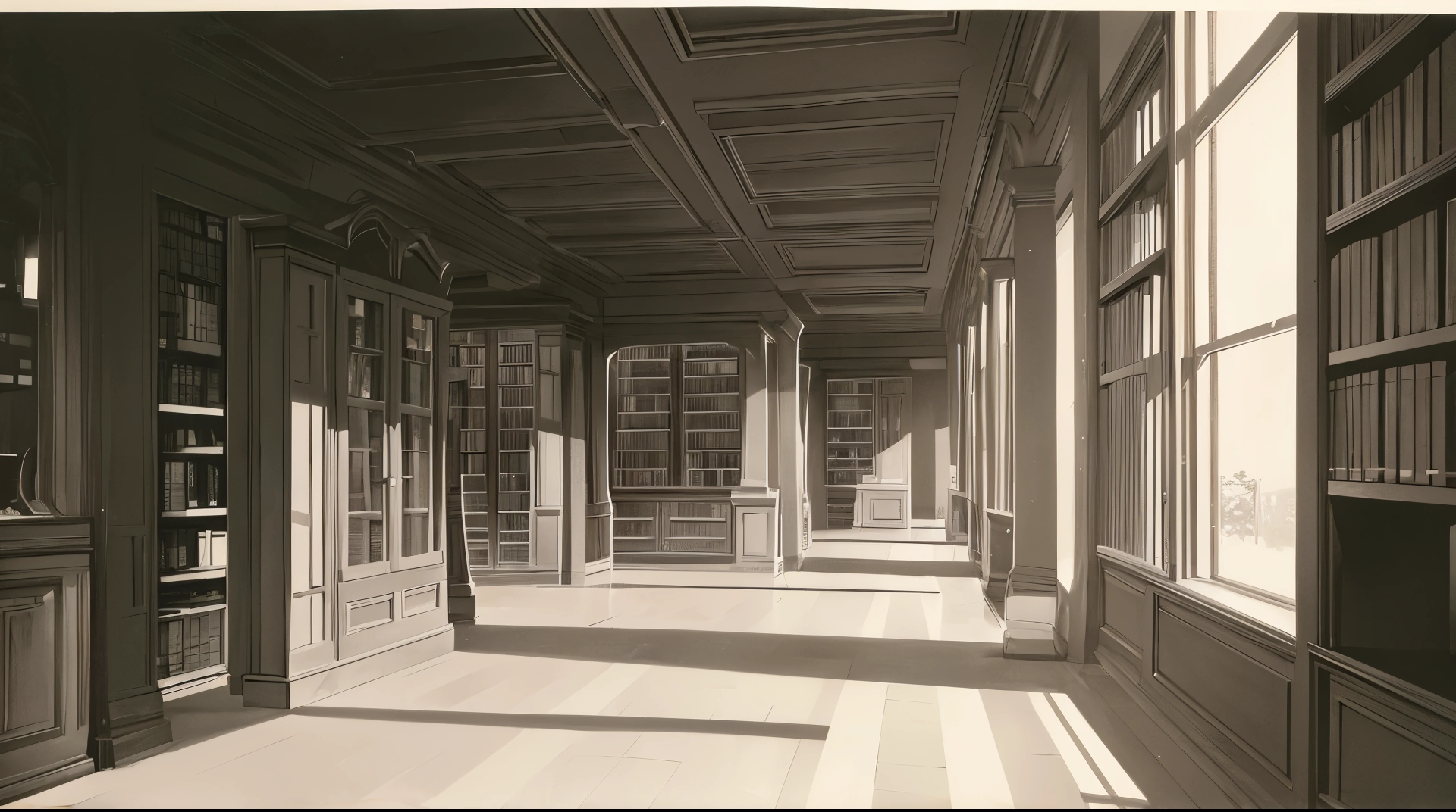 (Medium detail), library, (no people behind), B&W image