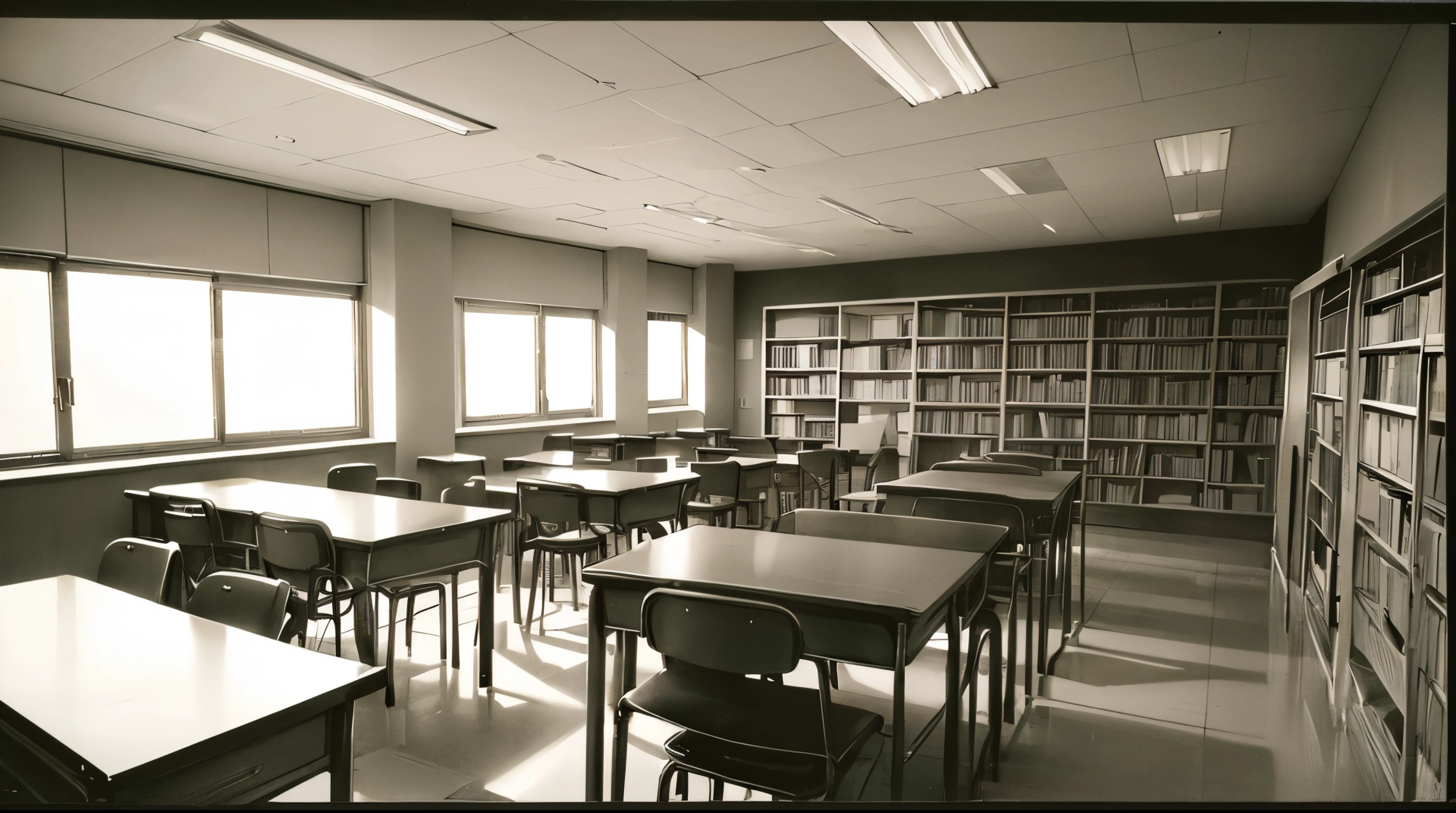 (Medium detail), school library, (no people behind), B&W image 