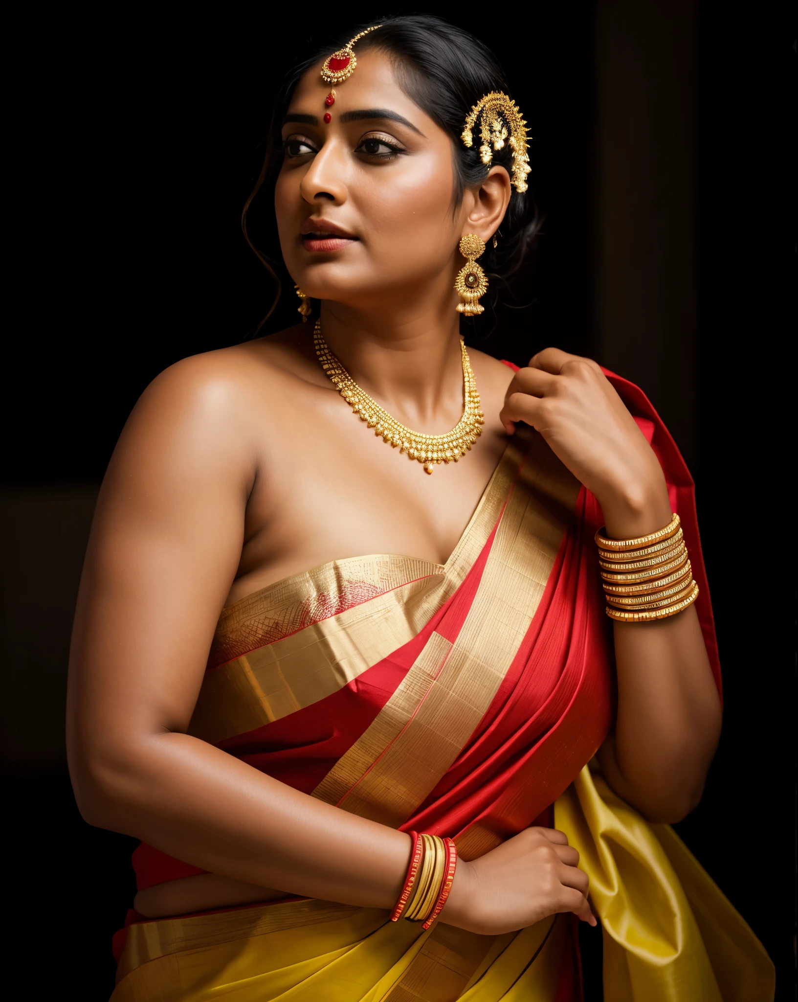 Foto RAW, photorealistic, photography, full body shot, master shot, Saree model, model Photography, Indian saree shoot, Indian traditional wear advertising photography, traditional wear brand shoot, face of Indian actress Anushka shetty, masterpiece, realistic, realism, photorealism, high contrast, photorealistic Artstation 8k HD digital art trend of high definition and detailed realistic skin texture, ultra detail, realistic skin texture, armature, best quality, ultra high definition, (photorealistic:1.4),, high resolution, detail, raw photo, Re sharp, by Lee Jefferies Nikon D850 Film Stock Photo 4 Kodak Portra 400 Camera F1.6 Lens Rich Color Ultra Real Realistic Realistic Textures Dramatic Lighting Unreal Engine Trending at Art Station Cinestill 800,(pele altamente detalhada: 1.2), 8k UHD, DSLR, soft-lighting, alta qualidade, grain of film, Fujifilm XT3
