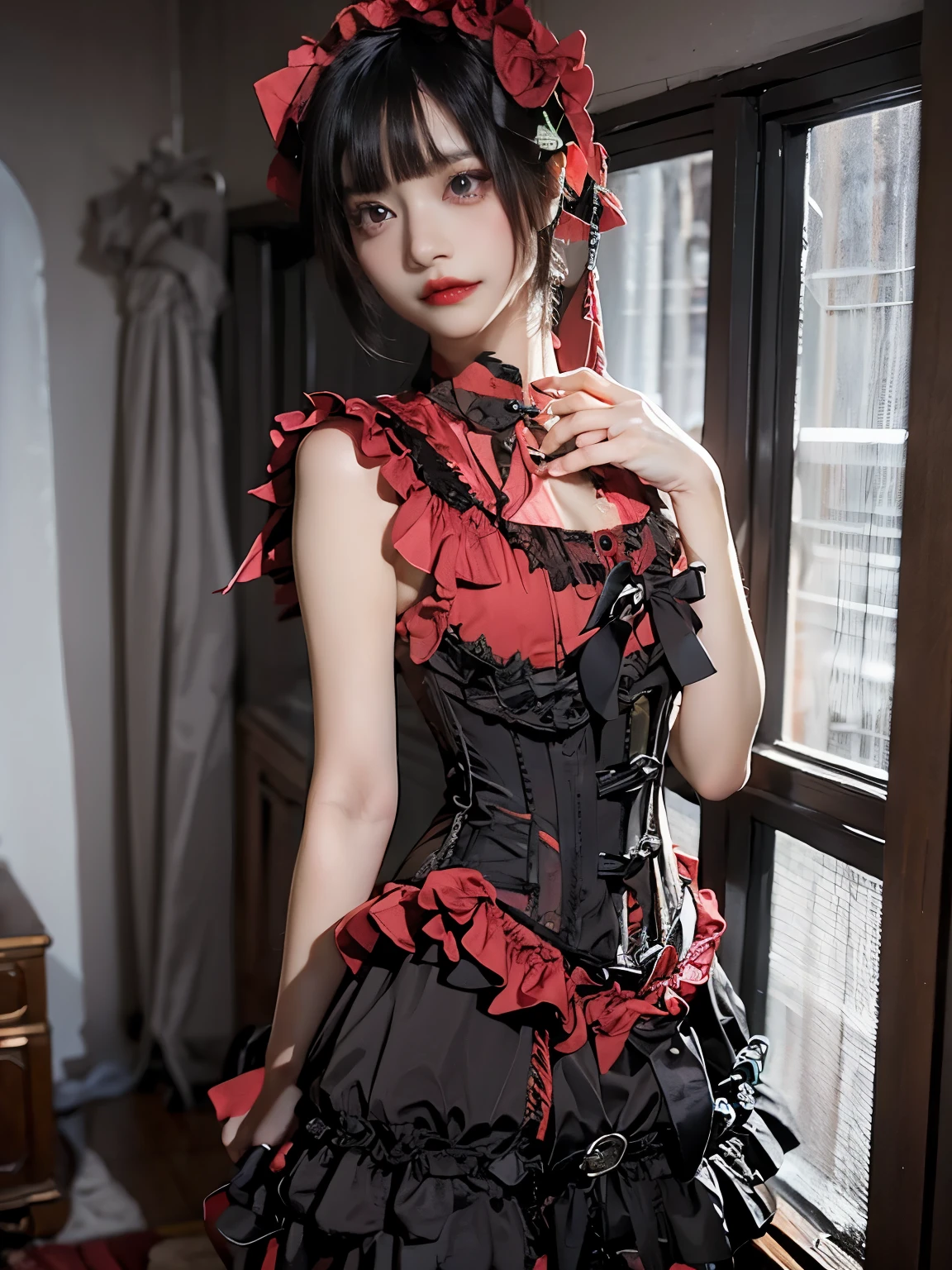 raw photo, 8k, (top-quality), Realistic, (real picture, Intricate details), (natural skin texture, detailed skin, hyper realism, sharpness), (((corset dress with black and red, gothic decorative corset))), (((flat chest:1.5))), (pale skin:1.3, slender body), (Japanese girl standing in luxury hotel at night, Suite Room), ((shorthair, blunt bangs)), (provocative look, Parted lips:1.3, eye shadow, eyeliner, tear bag:1.3, red lips), thighs, night time, big window, night view, spot lighting:1.3