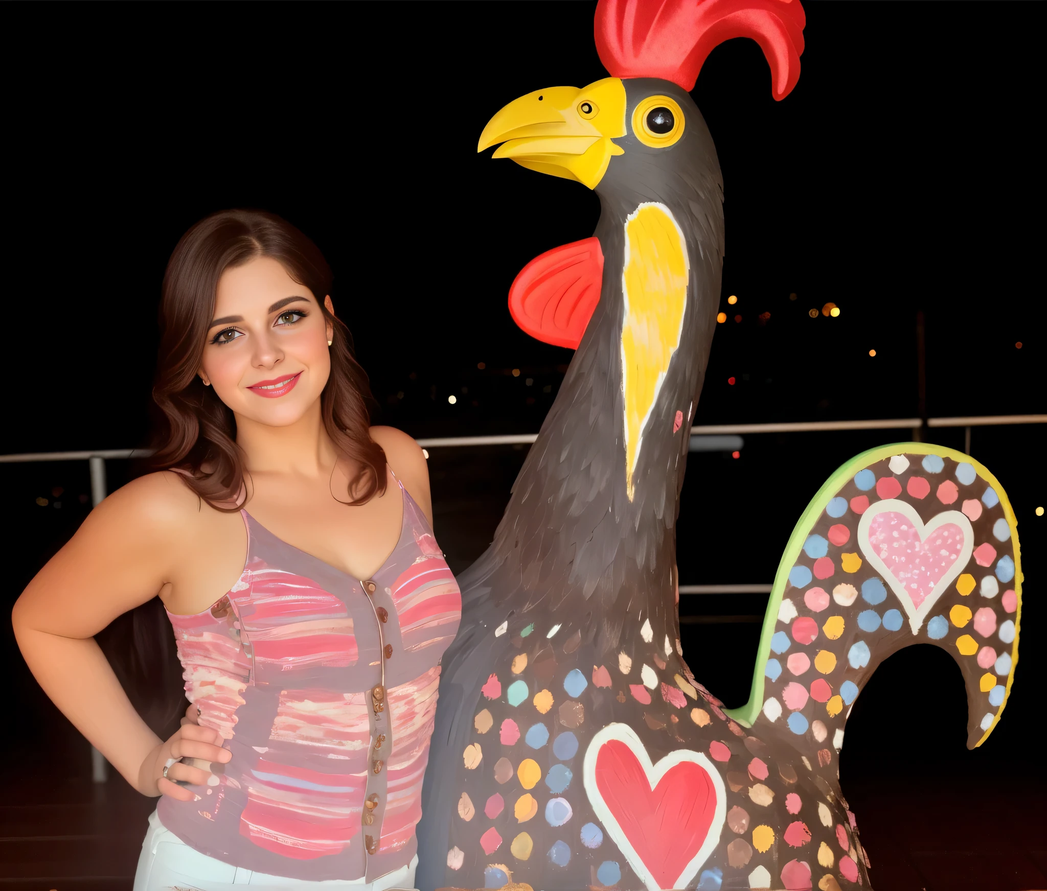 woman standing next to a painted galo statue on a deck, galo!!!!, foto 2010, galinha antropomorfizada, galo, reina rocin, photo taken at noite, Festival, convencido, de madeira, vacation photo, noite! . Uma mulher com pele branca e cabelos escuros. ela tem cerca de 35 anos. Her pink lips are like a delicate flower, seus olhos castanhos escuros, grande e encantador, parecem conter um mundo de maravilhas. Corpo fino. cintura fina. Your body exudes glamor and your face is the definition of beauty. altamente realista, lindo, pink lips, pink lipstick, sorridente, feeling of lightness and joy, hiperrealismo, pele muito elaborada, olhar direto. foto de corpo inteiro, foto clara, alta qualidade, high resolution, obra de arte, 8K.