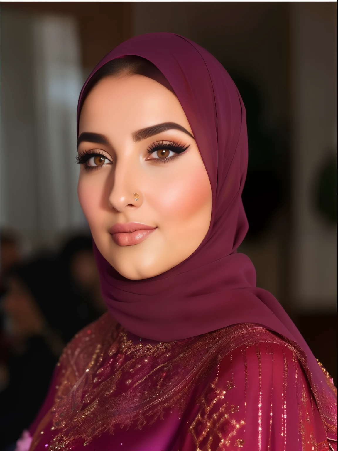 25yo Arabic smiling female looking at the viewer, a detailed face, attractive, underboob, full elegant dress, wavy chestnut hair, ((closeup)), perfect eyes, (interior home background), (photorealistic), intricate, highly detailed, absurd res, symmetrical, backlighting, colorful, concept art, (photography:1.5), sharp focus, illustration, award-winning, 8K.