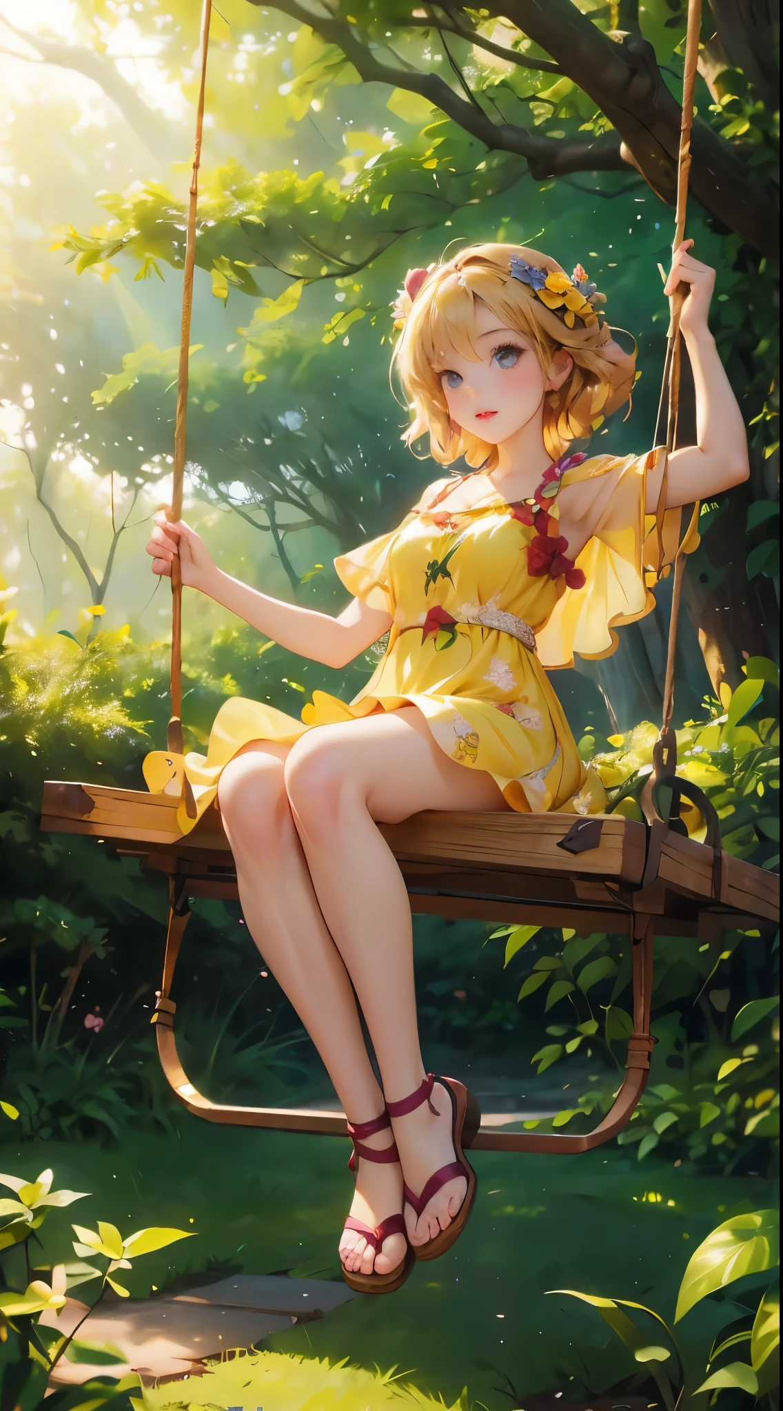 1girl, cute, , slender, round face shape with angular jaw, blonde with bangs, grey eyes, bikini top, picking wet pink colorful mushrooms in a celestial forest, sunshine, stripe socks, pink skirt, hhorny touch,  open legs, windy