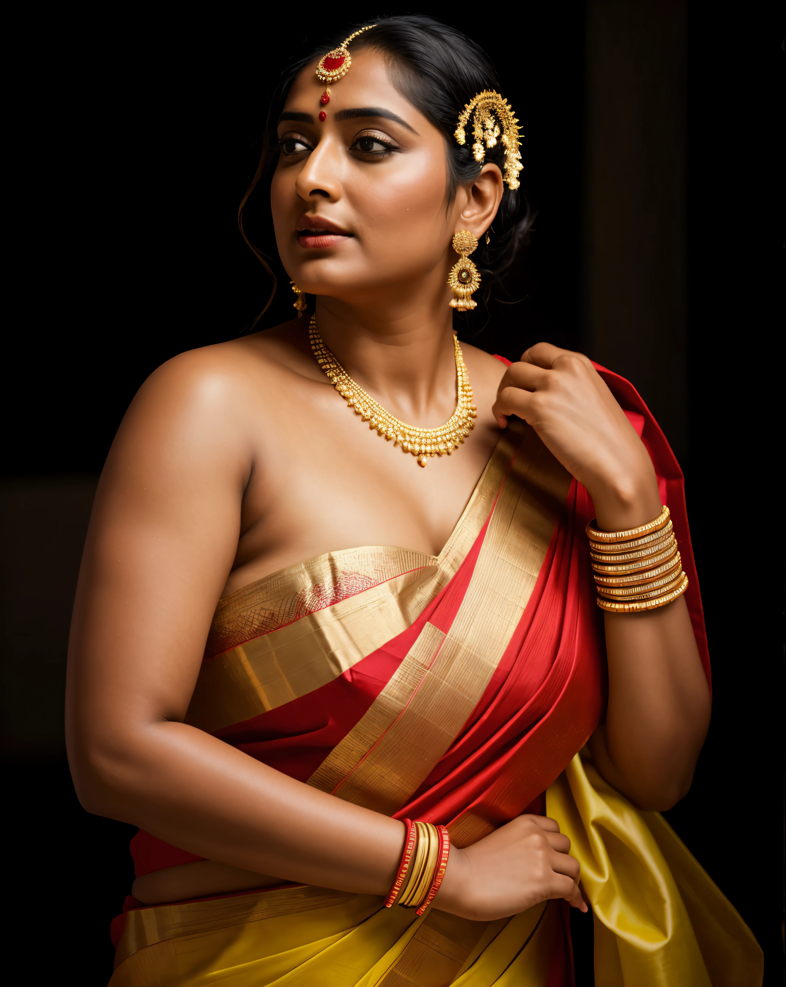 Foto RAW, photorealistic, photography, full body shot, master shot, Saree model, model Photography, Indian saree shoot, Indian traditional wear advertising photography, traditional wear brand shoot, face of Indian actress Anushka shetty, masterpiece, realistic, realism, photorealism, high contrast, photorealistic Artstation 8k HD digital art trend of high definition and detailed realistic skin texture, ultra detail, realistic skin texture, armature, best quality, ultra high definition, (photorealistic:1.4),, high resolution, detail, raw photo, Re sharp, by Lee Jefferies Nikon D850 Film Stock Photo 4 Kodak Portra 400 Camera F1.6 Lens Rich Color Ultra Real Realistic Realistic Textures Dramatic Lighting Unreal Engine Trending at Art Station Cinestill 800,(pele altamente detalhada: 1.2), 8k UHD, DSLR, soft-lighting, alta qualidade, grain of film, Fujifilm XT3