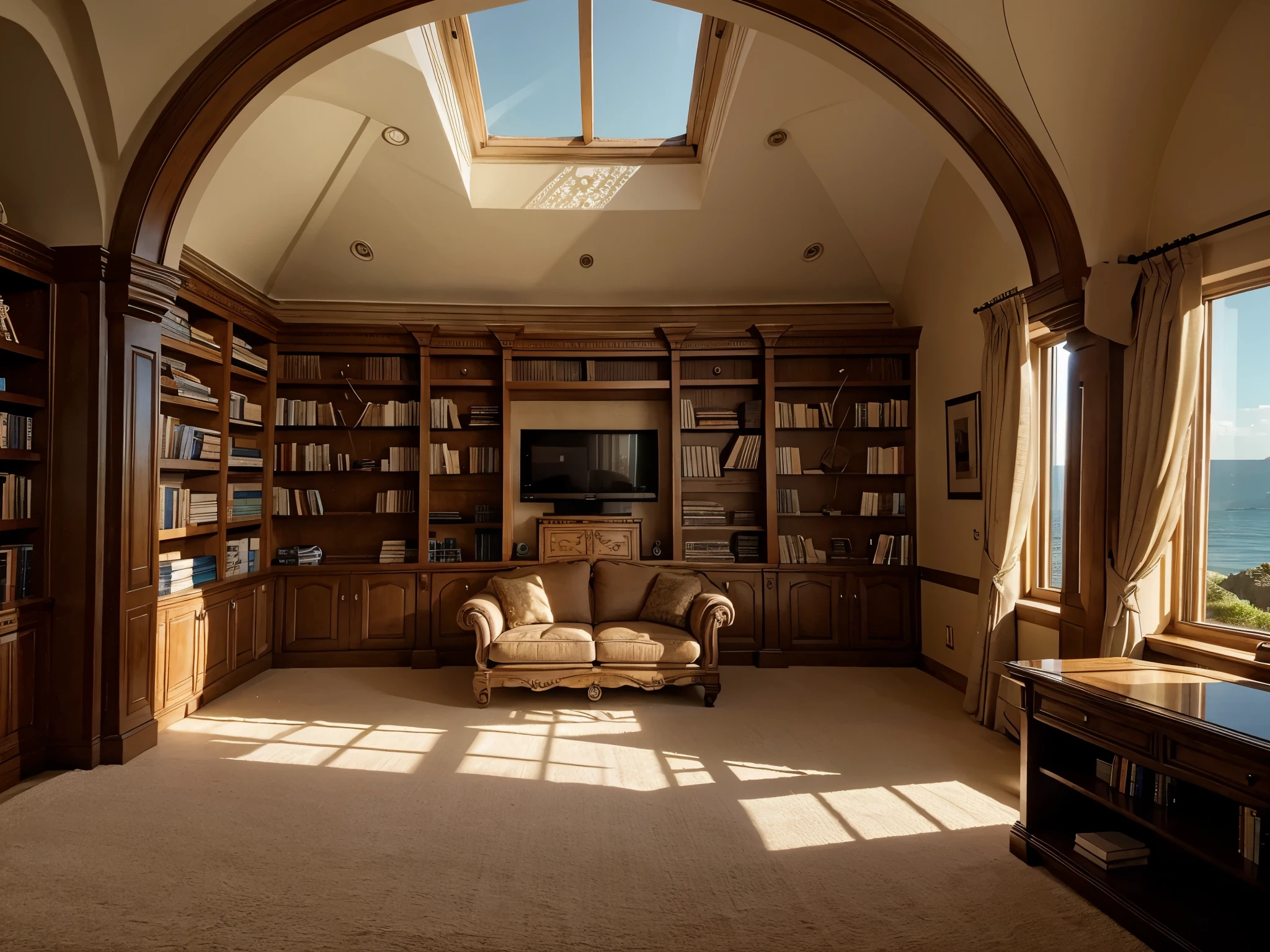 at night, a luxury castle bedroom, bookshelves, TV, large window, and sea outside, attract wind