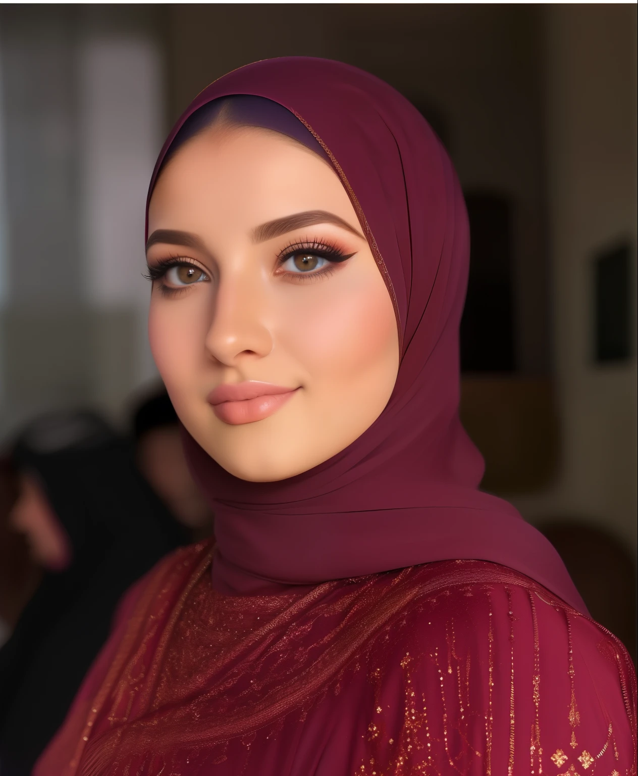 um close de uma mulher usando um hijab e um vestido roxo, com maquiagem profissional, inspirado em Maryam Hashemi, em maquiagem profissional, middle eastern skin, Arabic inspiration, Maquiagem tradicional, Beautiful Arab woman, rosto sexy com maquiagem completa, flawless detailed face, detailed face of an arab woman, beleza tradicional,  fantastic details full face