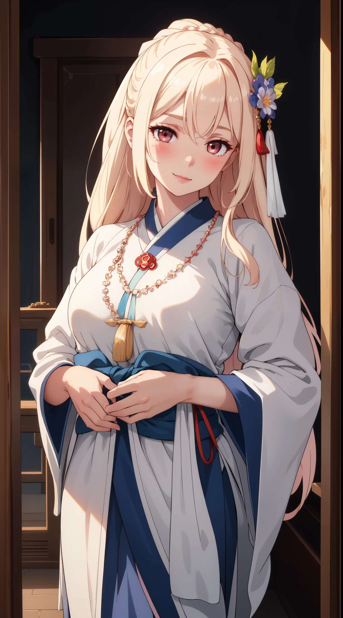 best quality, masterpiece, highres, solo, {white kimono:1.35}, {red hakama:1.35}, {wide sleeves:1.20}, {hood_azurlane:1.15}, blonde_hair, long_hair, blue_eyes, breasts, smile, jewelry, earrings, large_breasts, blush