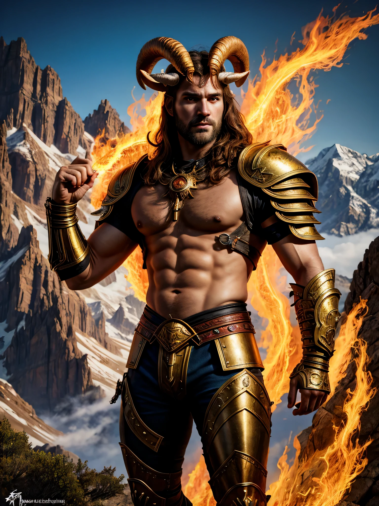 (photorealistic, masterpiece, detailed face, best quality, highres, 4k), Fantasy art style, A striking depiction of Aries the fiery ram featuring a ruggedly handsome male model with piercing eyes and a fierce aura. He stands atop a mountain peak, adorned in sexy armor with flaming horns, symbolizing his passionate and determined nature