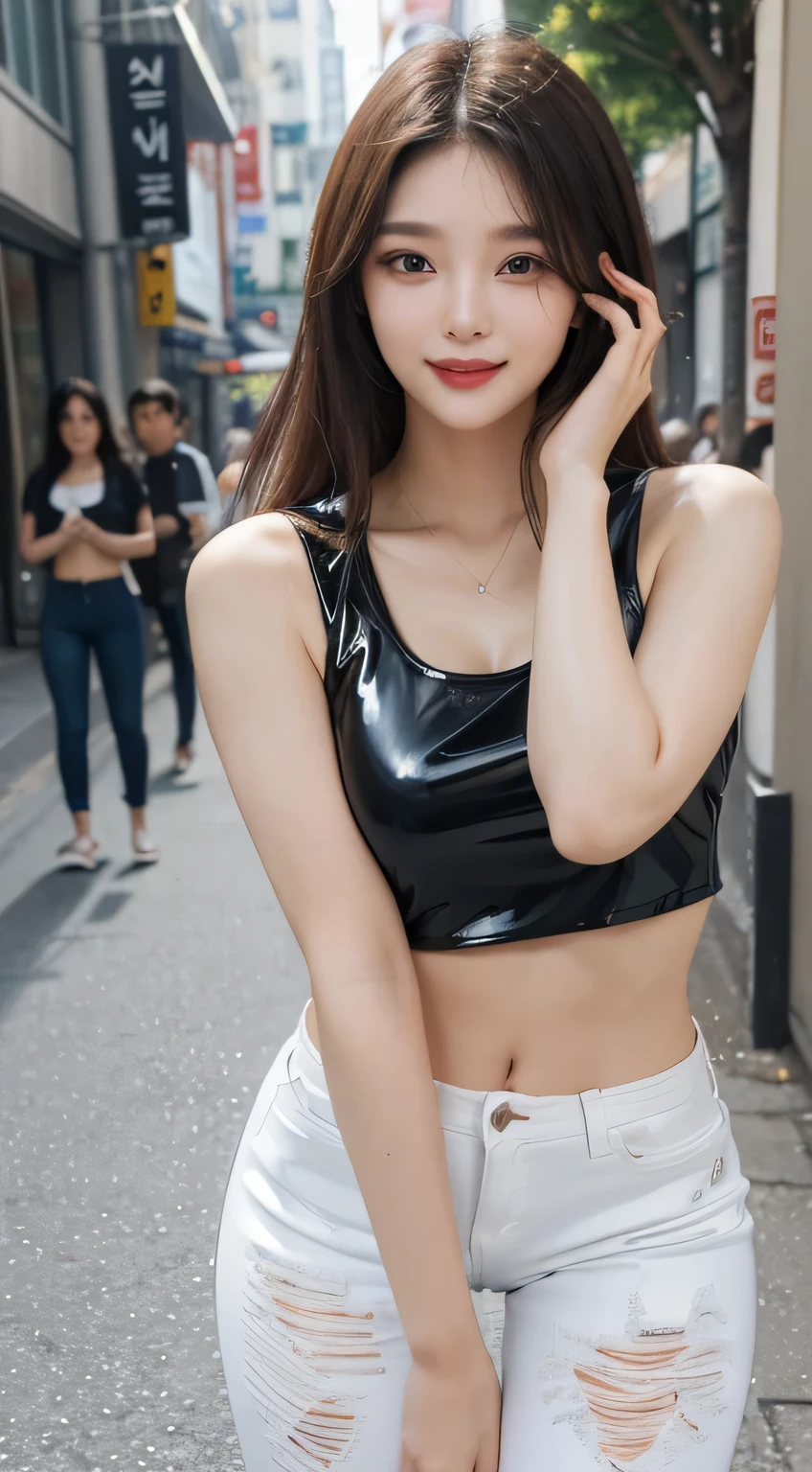  (The background is blurry), 1 girl, (19 years old, 한국 1 girl:1.2), alone, Beautiful girl from Korea, (white latex skin: 1.3), clean face, (slim body), (healthy body), attractive body, Abs, long neck, tall, (big bust:1.2), (Magic), straight hair, soft hair. flawless skin, shiny lips, narrow waist and wide pelvis, (sharp and small face), Round Eyeline, (Long and beautiful eyelashes), (Open your lips), ((beautiful face)), big eyes, double eyelid, flushing, red lips, fragile face, real skin, happy face, (11번 Abs), ((big bust)), apple butt, laugh, Cute face, long neck, narrow shoulders, laugh, (((white short sleeveless:tight ripped jeans) ))), red sneakers, (dynamic pose), Getting on foot, (Jam-sil, seoul, busy street), 