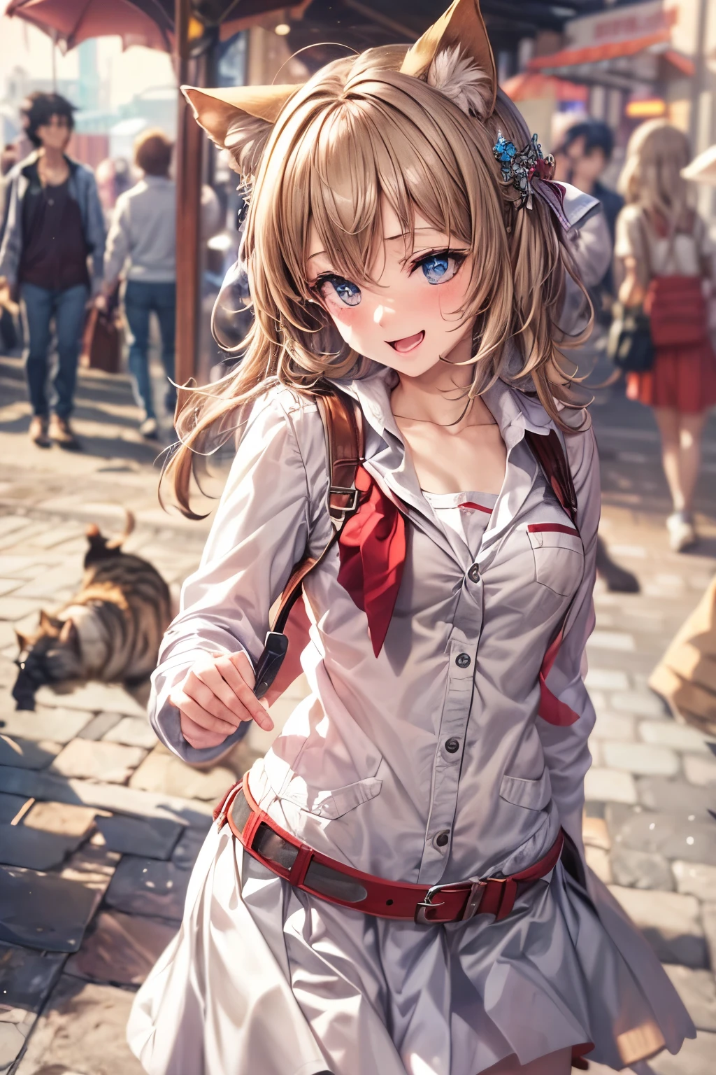 ((Masterpiece)), (Anime:1.5), ((best quality)), (Professional Photography:1.3), (High Definition), (RAW photo:1.2), (), 8K, cowboy shot, cinematic lighting, portlate, (Very unruly hair), Glossy skin, (Walking happily), In front of Disneyland, (slightly exposed small breast), (pure white school uniform), (horizontal pupils:1.5), Slender body, small breasts, Open mouth, (laughing face) Textured skin, Cat ears, Pale brown hair, Cute Beautiful Girl, (looking up:1.3),