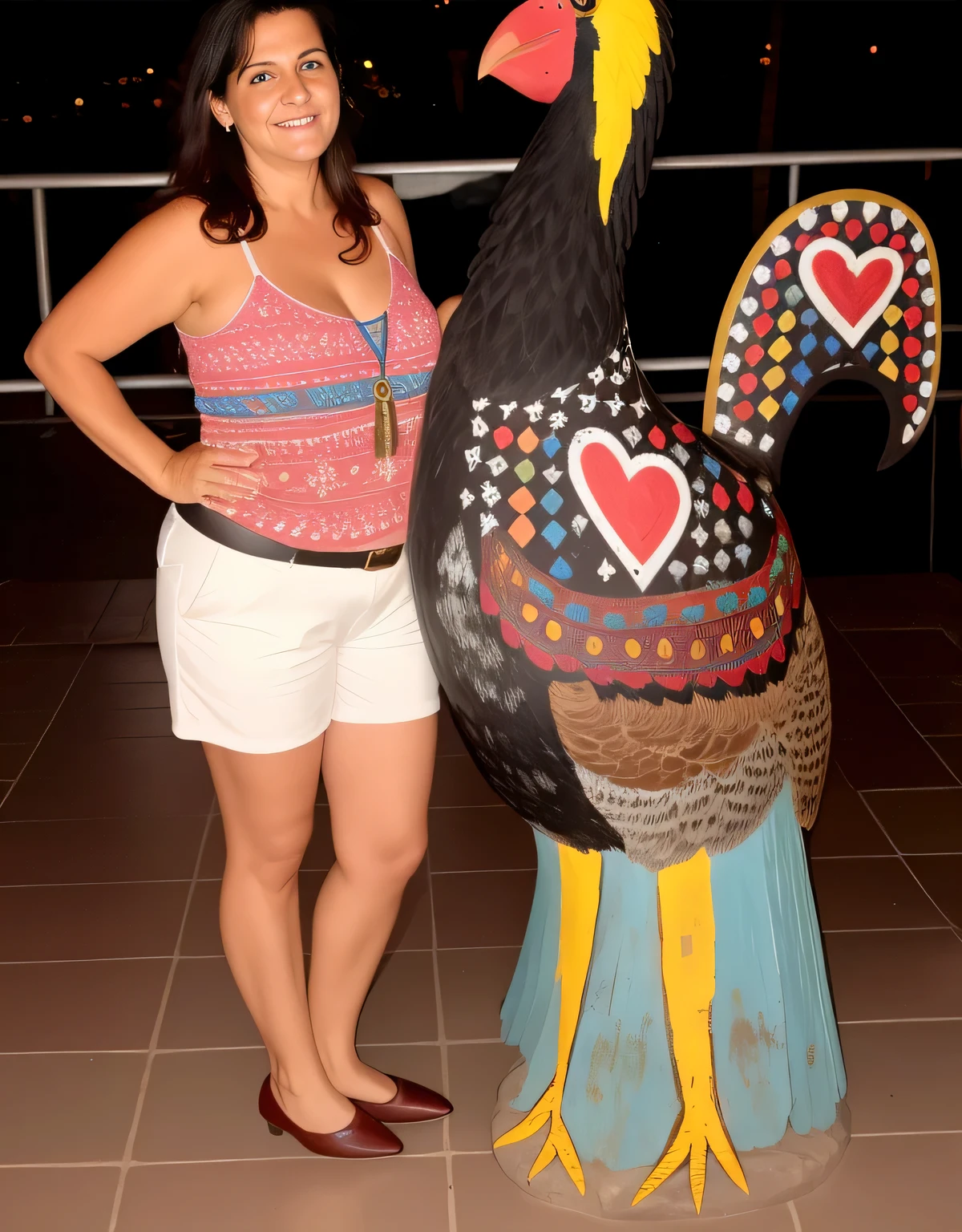 woman Standing next to a large painted bird statue on a tiled floor, com um grande papagaio, digitar!!!!, with big birds, noite!, foto de corpo inteiro, arte em madeira, mexican Folk art, taken at night, Standing!!, vacation photo, com ela longa, olhar orgulhoso, at noite, Folk art, galinha antropomorfizada, 7 feet tall