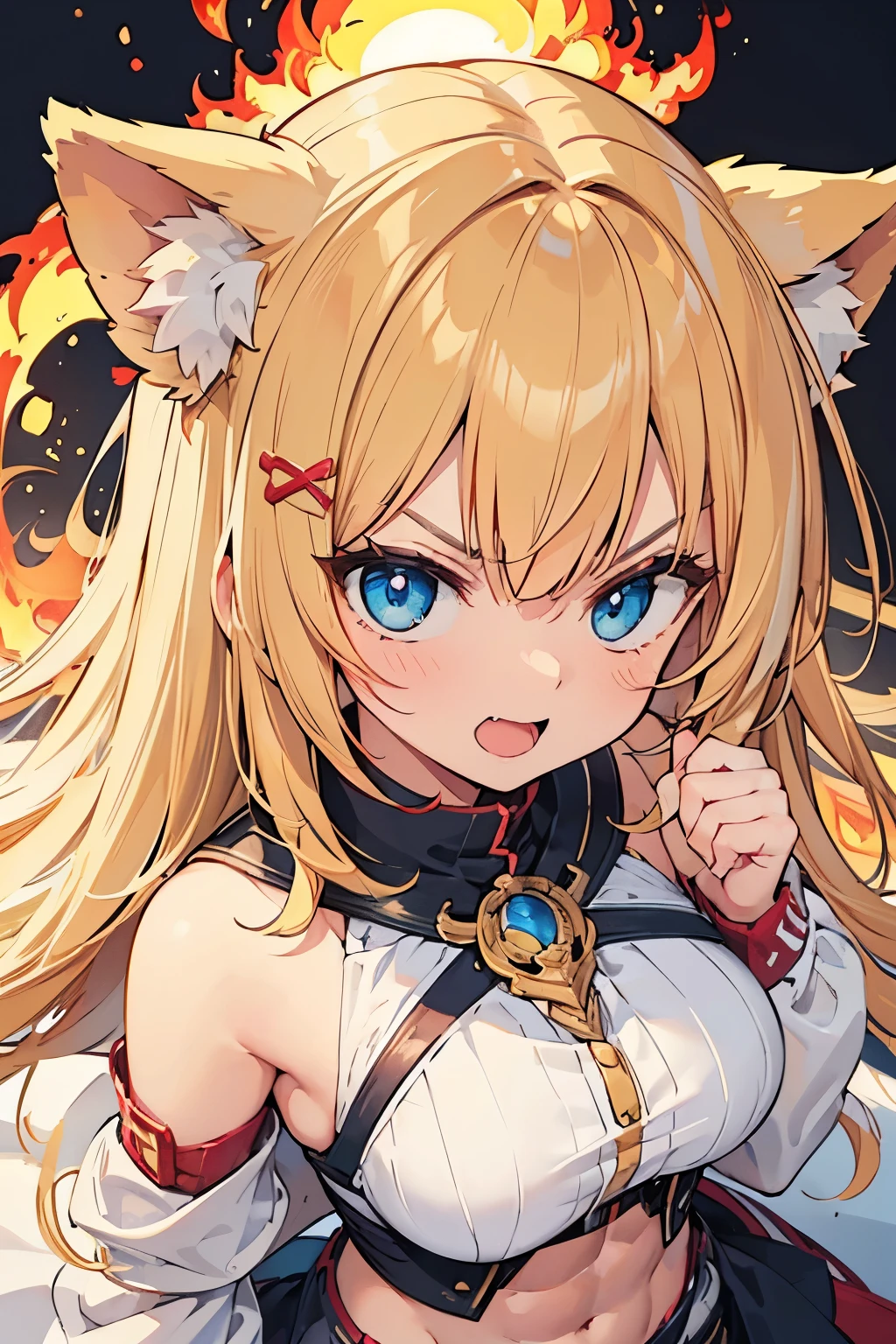 (masterpiece:1.2), (highest quality:1.2), perfect eyes, perfect face, perfect lighting, no background, 1 girl Cat ear (big breasts) blonde blue eyes , ((Webby Hair)), noble long hair, cute eyes, Medium chest, ((((bright)))), , vivid description, ((abs)), Tsurime, open mouth, angry, smile, flame white wizard , medium breast, ((((glaring)))), ((from above)), ((front)), open mouth, Vivid depiction, ahegao, hair ornament, smile+happy, smile, Are standing (tooth), ((looking up:1.3))), (face close up:1.4) orgasm, scared,