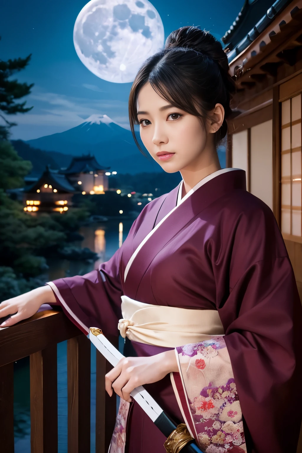 old-fashioned beauty、Kunoichi、japanese castle、full moon、Short sword、front