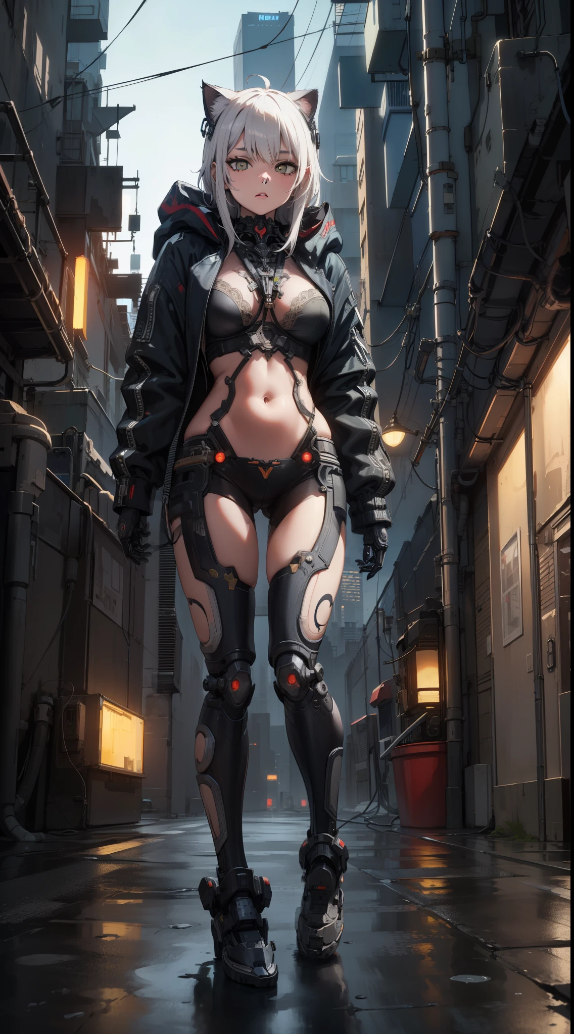 A cute kitten made of metal, robot, cyberpunk style, ((intricate details)), hdr, ((intricate details, super detailed)), cinematic footage, vignette