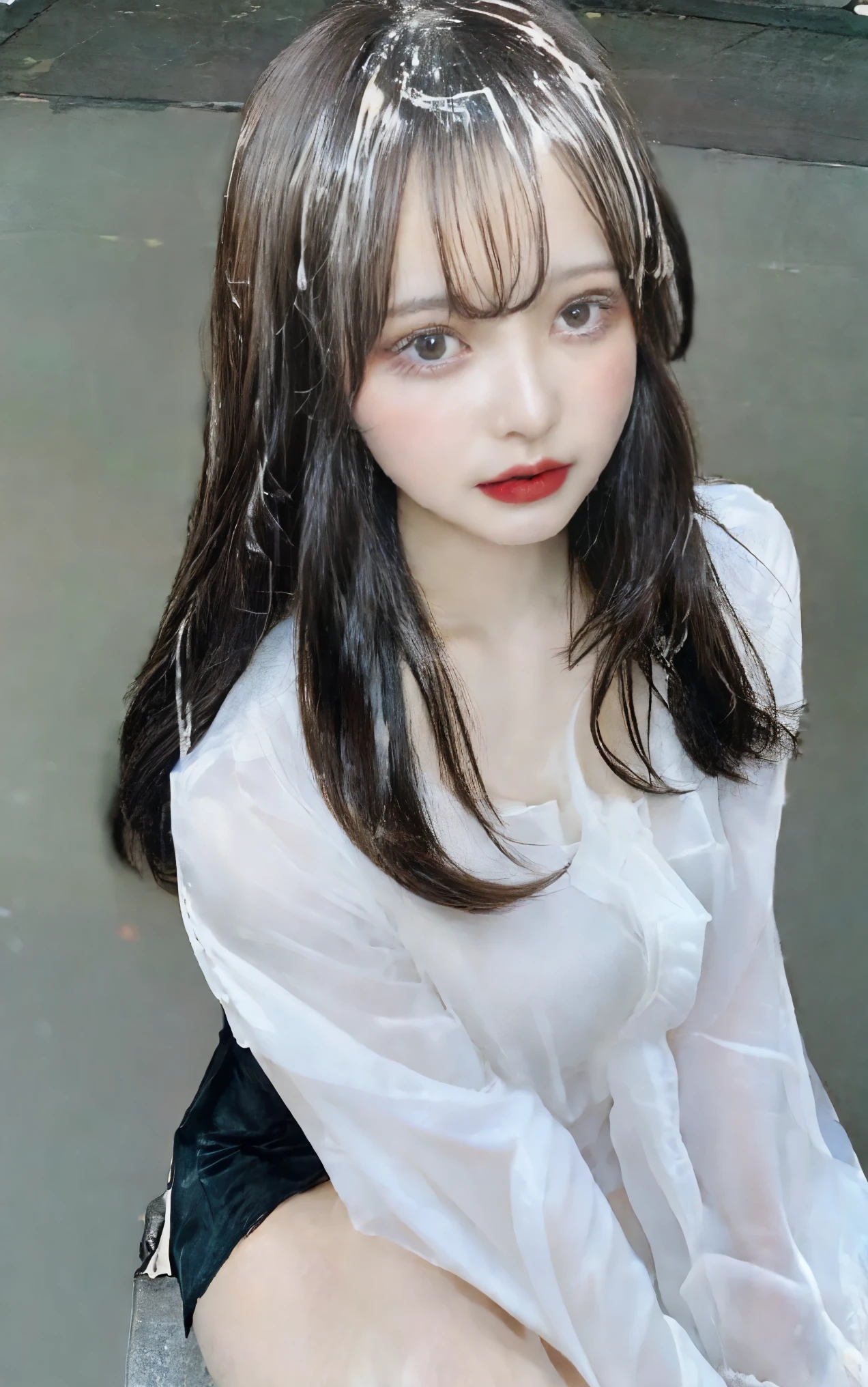 ((top quality, 8k, table top: 1.3)), beauty, 1 Japanese girl, big: 1.3, dark brown hair, (spread legs: 1.2), detailed face, highly detailed lips, fine eyes, double eyelid, Open yukata, sweaty skin: 1.2, ((From above: 1.5)), (((非常に巨大な顔よりbig胸:1.95))),(((Highly realistic semen))),(((face wet with semen:1.65)))