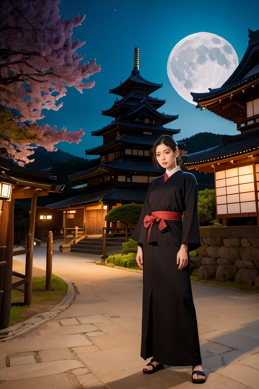 old-fashioned beauty、Kunoichi、japanese castle、full moon、Short sword、front