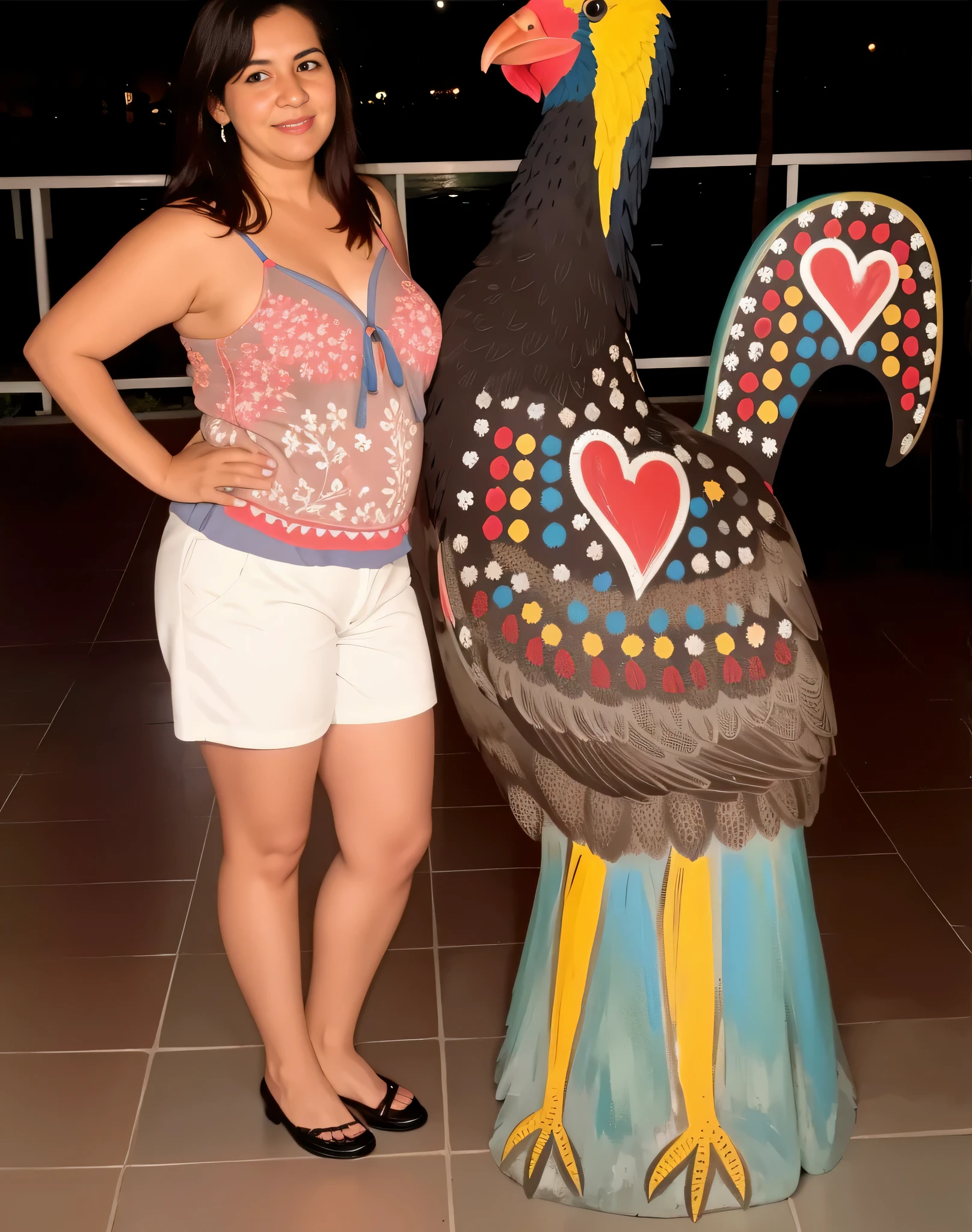 woman Standing next to a large painted bird statue on a tiled floor, com um grande papagaio, digitar!!!!, with big birds, noite!, foto de corpo inteiro, arte em madeira, mexican Folk art, taken at night, Standing!!, vacation photo, com ela longa, olhar orgulhoso, at noite, Folk art, galinha antropomorfizada, 7 feet tall