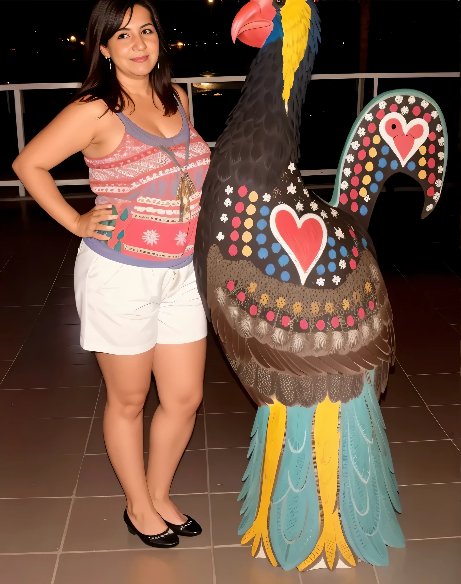 woman Standing next to a large painted bird statue on a tiled floor, com um grande papagaio, digitar!!!!, with big birds, noite!, foto de corpo inteiro, arte em madeira, mexican Folk art, taken at night, Standing!!, vacation photo, com ela longa, olhar orgulhoso, at noite, Folk art, galinha antropomorfizada, 7 feet tall