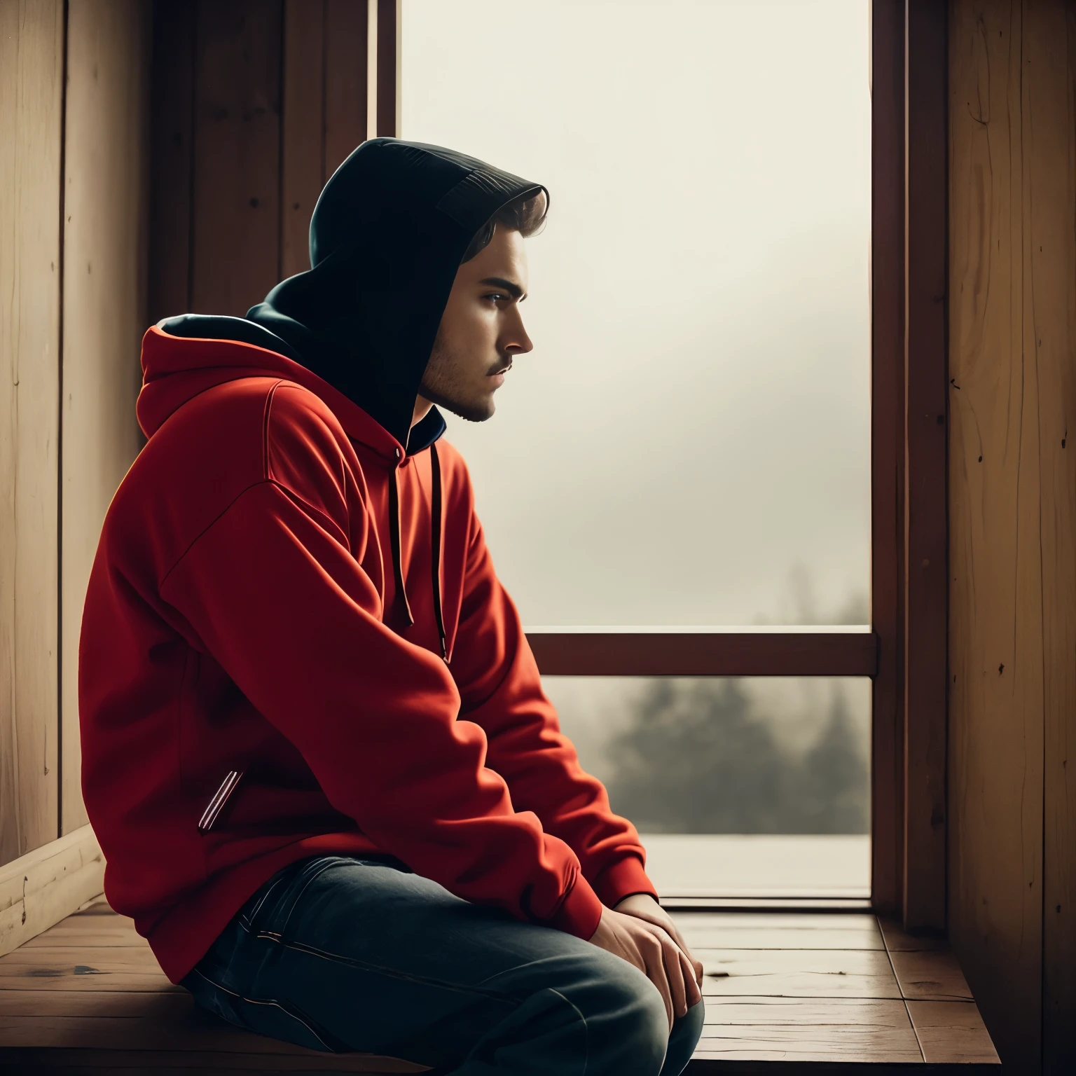 Man in red hoodie and jeans, (determined gaze:1.2), sitting on a wooden chair, (leaning forward:1.1), (hands clenched:1.3), old wooden room, dimly lit, (smoke from a pipe:1.1), vintage, introspective, thoughtful, deep in thought, contemplative, worn leather chair, focused, brooding, autumn colors, realism, cinematic shot, dramatic lighting, moody atmosphere, nostalgic feel.