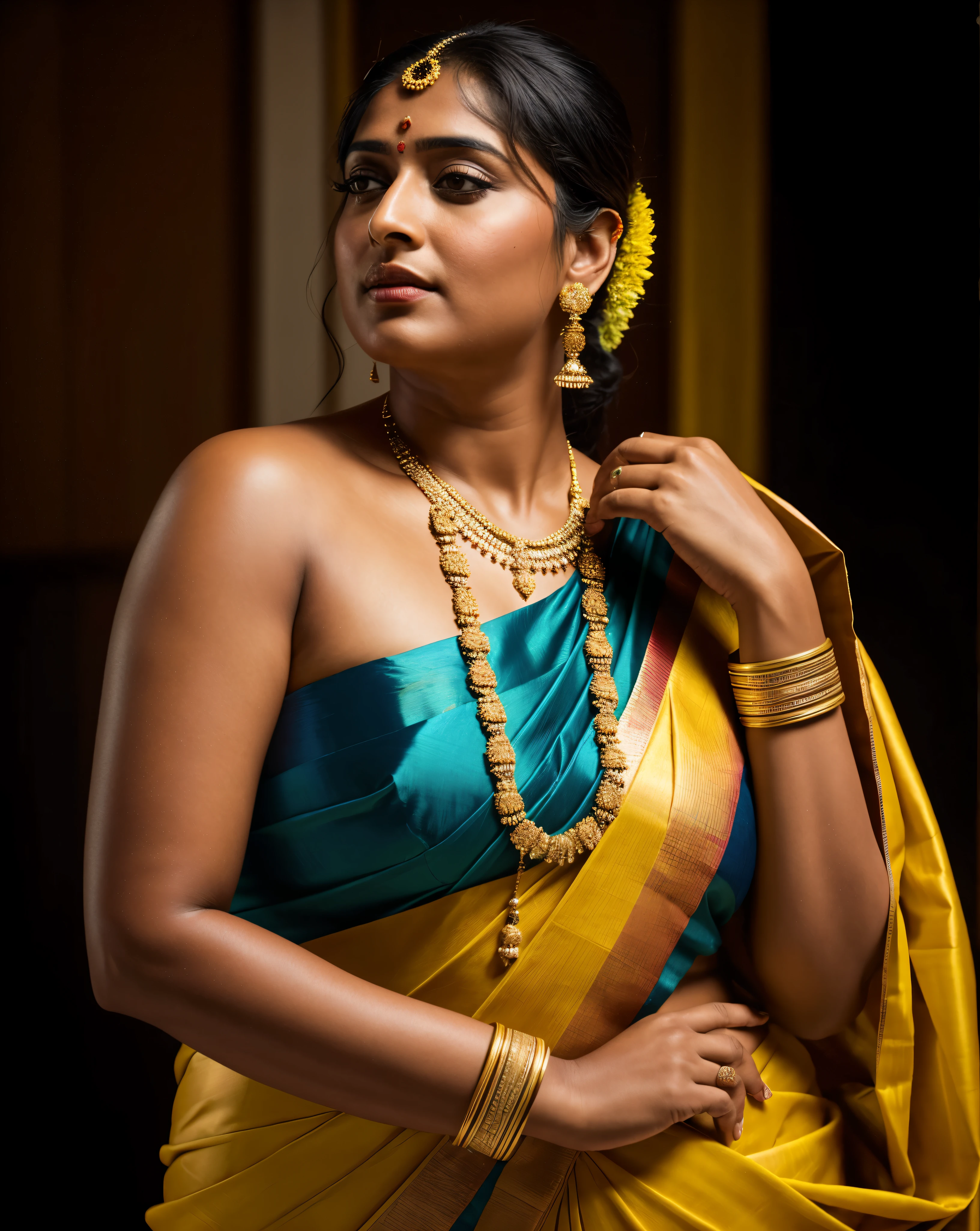 Foto RAW, photorealistic, photography, full body shot, master shot, Saree model, model Photography, Indian saree shoot, Indian traditional wear advertising photography, traditional wear brand shoot, face of Indian actress Anushka shetty, masterpiece, realistic, realism, photorealism, high contrast, photorealistic Artstation 8k HD digital art trend of high definition and detailed realistic skin texture, ultra detail, realistic skin texture, armature, best quality, ultra high definition, (photorealistic:1.4),, high resolution, detail, raw photo, Re sharp, by Lee Jefferies Nikon D850 Film Stock Photo 4 Kodak Portra 400 Camera F1.6 Lens Rich Color Ultra Real Realistic Realistic Textures Dramatic Lighting Unreal Engine Trending at Art Station Cinestill 800,(pele altamente detalhada: 1.2), 8k UHD, DSLR, soft-lighting, alta qualidade, grain of film, Fujifilm XT3