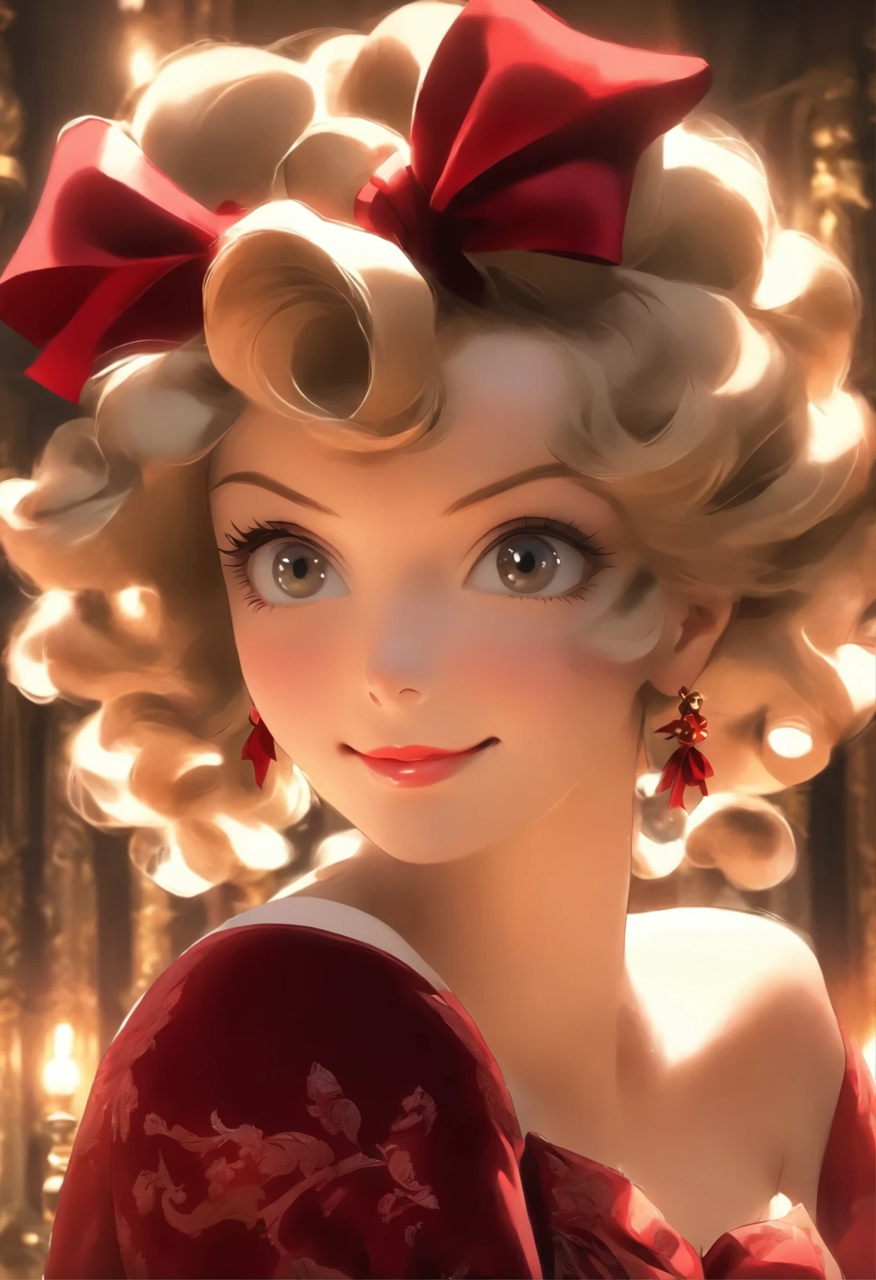 a close up of a woman in a dress with a bow on her neck, a portrait inspired by Evaline Ness, cg society contest winner, baroque, dressed in red velvet, dressed in velvet, curvy and bow, retro and ethereal, ornate dark red opulent clothing, dressed like in the 1940s, 1950s vibes, red velvet