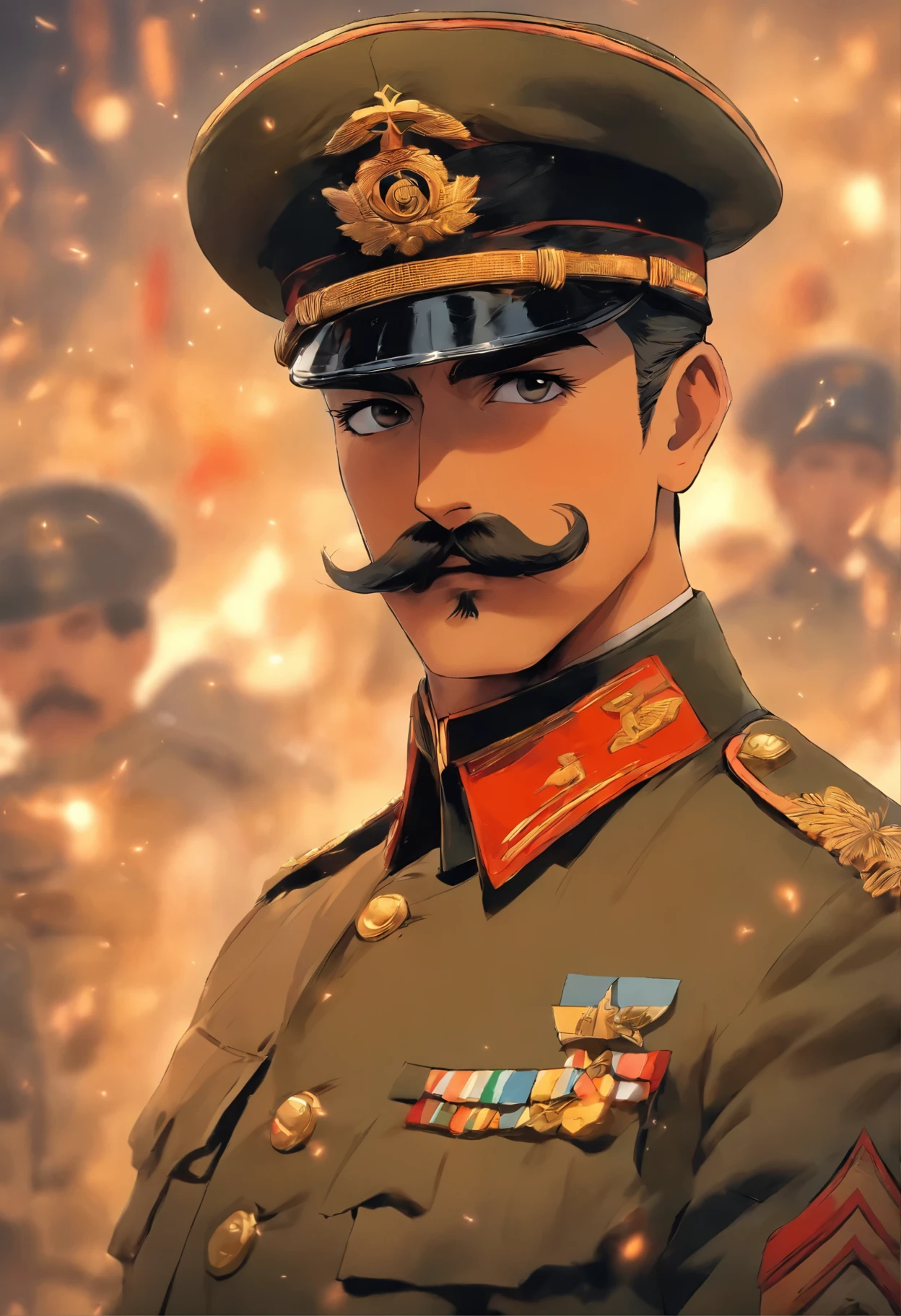 arafed image of a man in uniform with a mustache, in military uniform, in a soldier uniform, john singer sargant, inspired by Henry Tonks, wearing military uniform, officers uniform, wearing a military uniform, general uniform, wearing a general\'s uniform, in full military garb, full uniform, taken on a ww 1 camera, author unknown