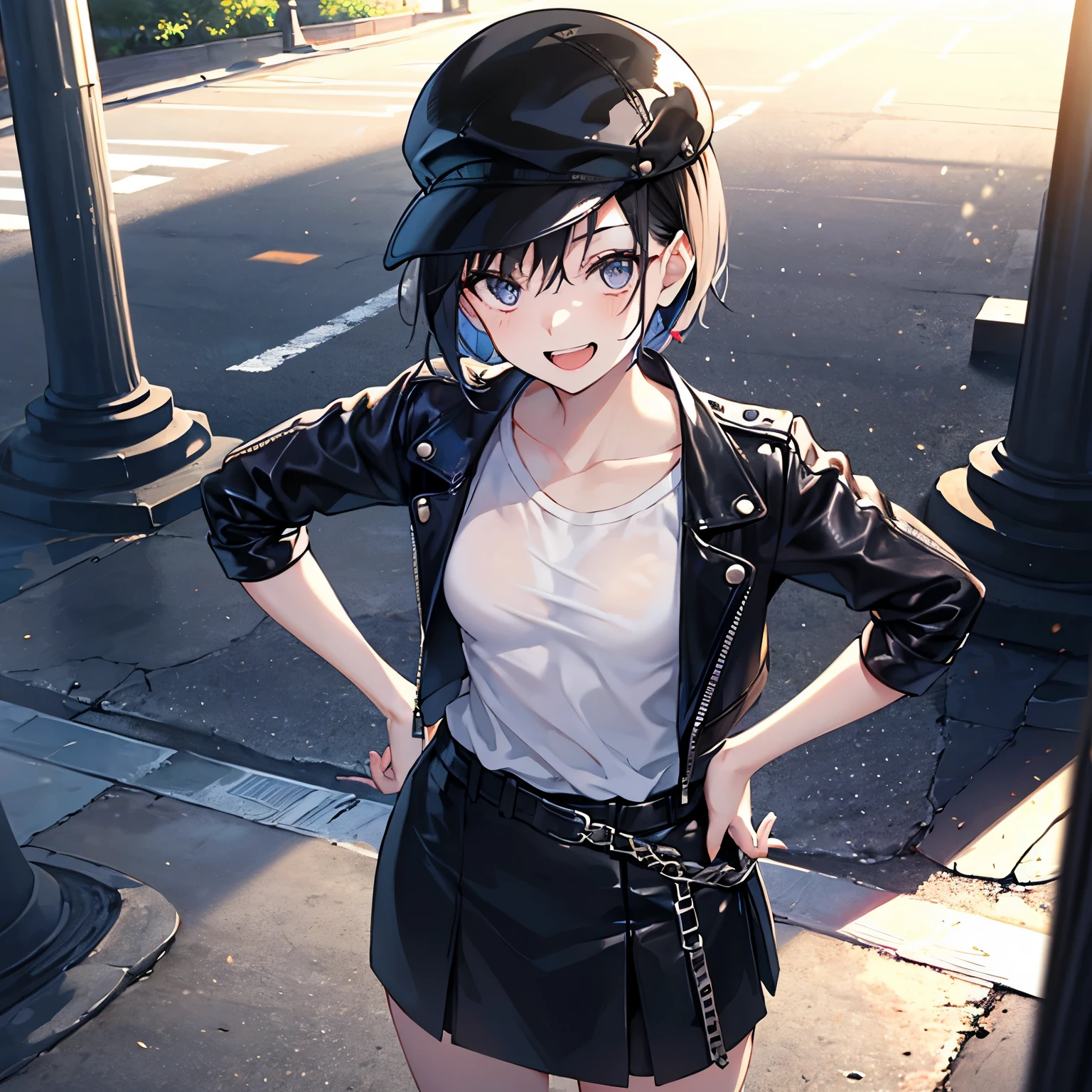 One Woman, black hair, looking at viewer, (tiny breasts:1.4), very short hair, silver eyes, boyish, (wear a leather hat:1.4), (Clothes that don't show skin:1.3), No skin showing, making a V sign, standing, left hands on hips, beauty mark, upper body, from above, best quality, puzzled, skirt, wear a leather clothing, Wear an inner T-shirt, laughing, in the park