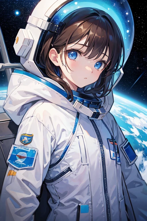 Girl in an astronaut suit. she has blue eyes and brown hair. she's floating in space. there are stars all around her. she is looking down at the earth with an amazed expression. the image is highly detailed and has soft but realistic lighting.
