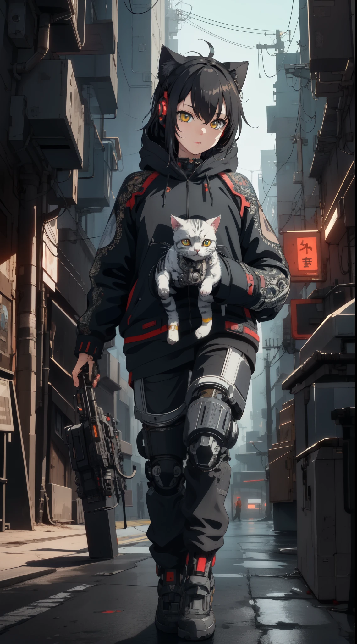 A cute kitten made of metal, robot, cyberpunk style, ((intricate details)), hdr, ((intricate details, super detailed)), cinematic footage, vignette