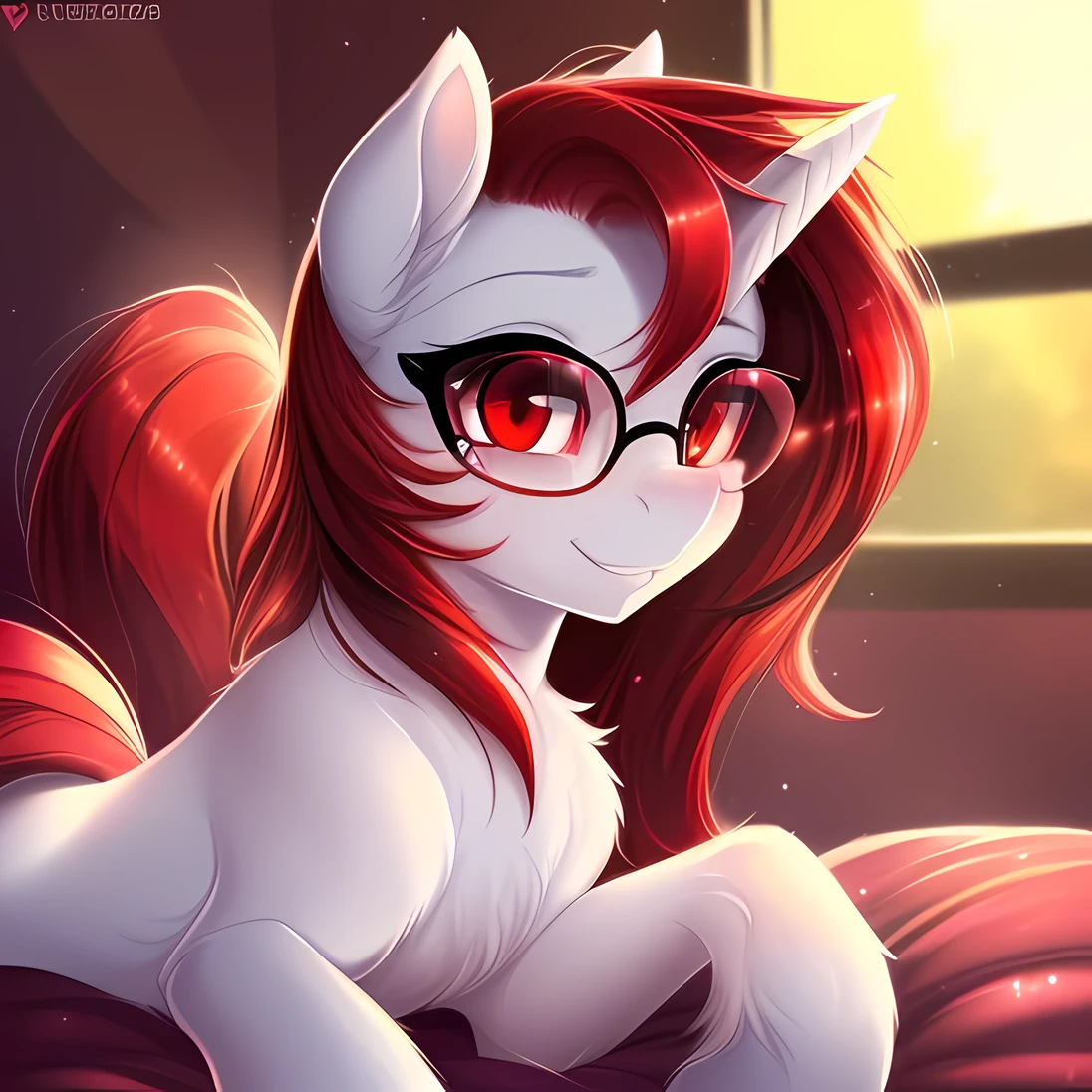 feral pony, portrait, ((bedroom)), ((sockasterpiece), (raytracing), (cinematic lighting), triadic lighting, High Definition, light particles, (shading), ((((smooth white fur)))), red glowing clear eyes ((shiny fur pony body)), (((glowing clear red eyes))), ((pony)), ((short red hair)), ((four hooves)) female, mare, {my little pony}, blush ((red tail)), (((cute))), (((pony))), ((sexy)) ((small red highlights)) (((pony))), ((sexy)), ((clear eye's)), ((red eye colour)), ((white fur colour)), fluffy:1, (masterpiece, best quality:1.1), fragrant, colourful, idyllic, whimsical, by Russolo Rossdraws Kinkade, (((cute))), (((gasses))), (((alicorn))), wearing glasses