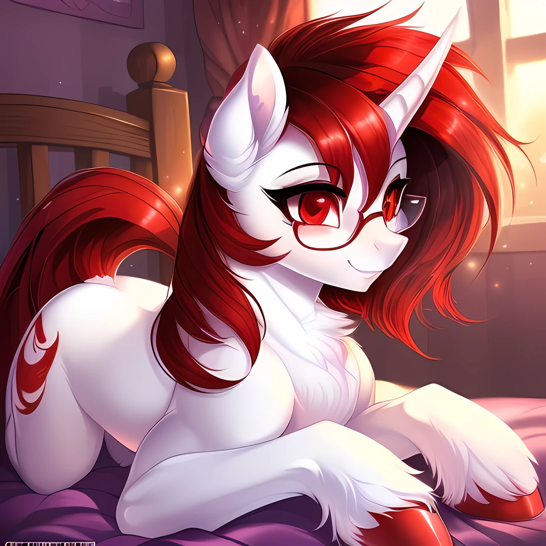 feral pony, portrait, ((bedroom)), ((sockasterpiece), (raytracing), (cinematic lighting), triadic lighting, High Definition, light particles, (shading), ((((smooth white fur)))), red glowing clear eyes ((shiny fur pony body)), (((glowing clear red eyes))), ((pony)), ((short red hair)), ((four hooves)) female, mare, {my little pony}, blush ((red tail)), (((cute))), (((pony))), ((sexy)) ((small red highlights)) (((pony))), ((sexy)), ((clear eye's)), ((red eye colour)), ((white fur colour)), fluffy:1, (masterpiece, best quality:1.1), fragrant, colourful, idyllic, whimsical, by Russolo Rossdraws Kinkade, (((cute))), (((alicorn))), wearing glasses