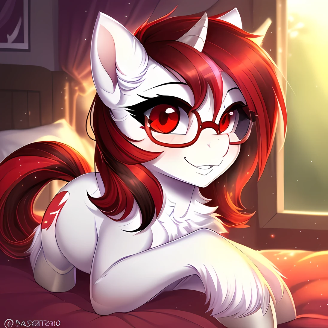 feral pony, portrait, ((bedroom)), ((sockasterpiece), (raytracing), (cinematic lighting), triadic lighting, High Definition, light particles, (shading), ((((smooth white fur)))), red glowing clear eyes ((shiny fur pony body)), (((glowing clear red eyes))), ((pony)), ((short red hair)), ((four hooves)) female, mare, {my little pony}, blush ((red tail)), (((cute))), (((pony))), ((sexy)) ((small red highlights)) (((pony))), ((sexy)), ((clear eye's)), ((red eye colour)), ((white fur colour)), fluffy:1, (masterpiece, best quality:1.1), fragrant, colourful, idyllic, whimsical, by Russolo Rossdraws Kinkade, (((cute))), (((gasses))), (((alicorn))), wearing glasses