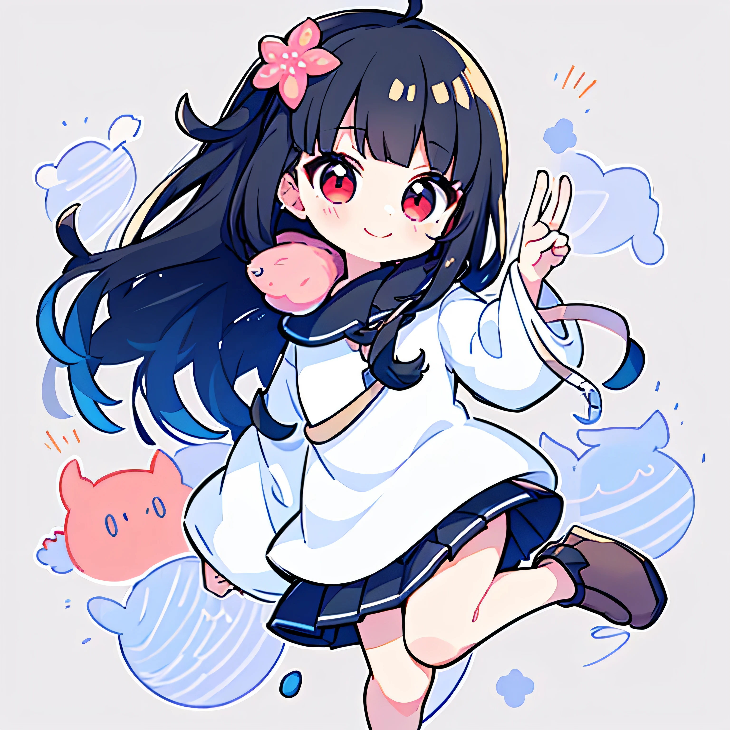 Cute s、Wearing a bright white shirt、Her anime illustration face in soft color palette style、animated gif、Hand-drawn animation、charming sketches、Smooth and shiny background - AR 1:1 - Rainbow 5 - Expressive in style - S 50(Best Quality, masutepiece, Raw photo,Ultra-detailed:1.2),Black hair,Blue Inner Color Bob,Red Eyes,Top image quality,8k,A smile,long black bang hair, The head is near the center of the screen,frontage,a cute ,full body in view,From the front,1 girl in,Wide Angle ,No background,full body Esbian