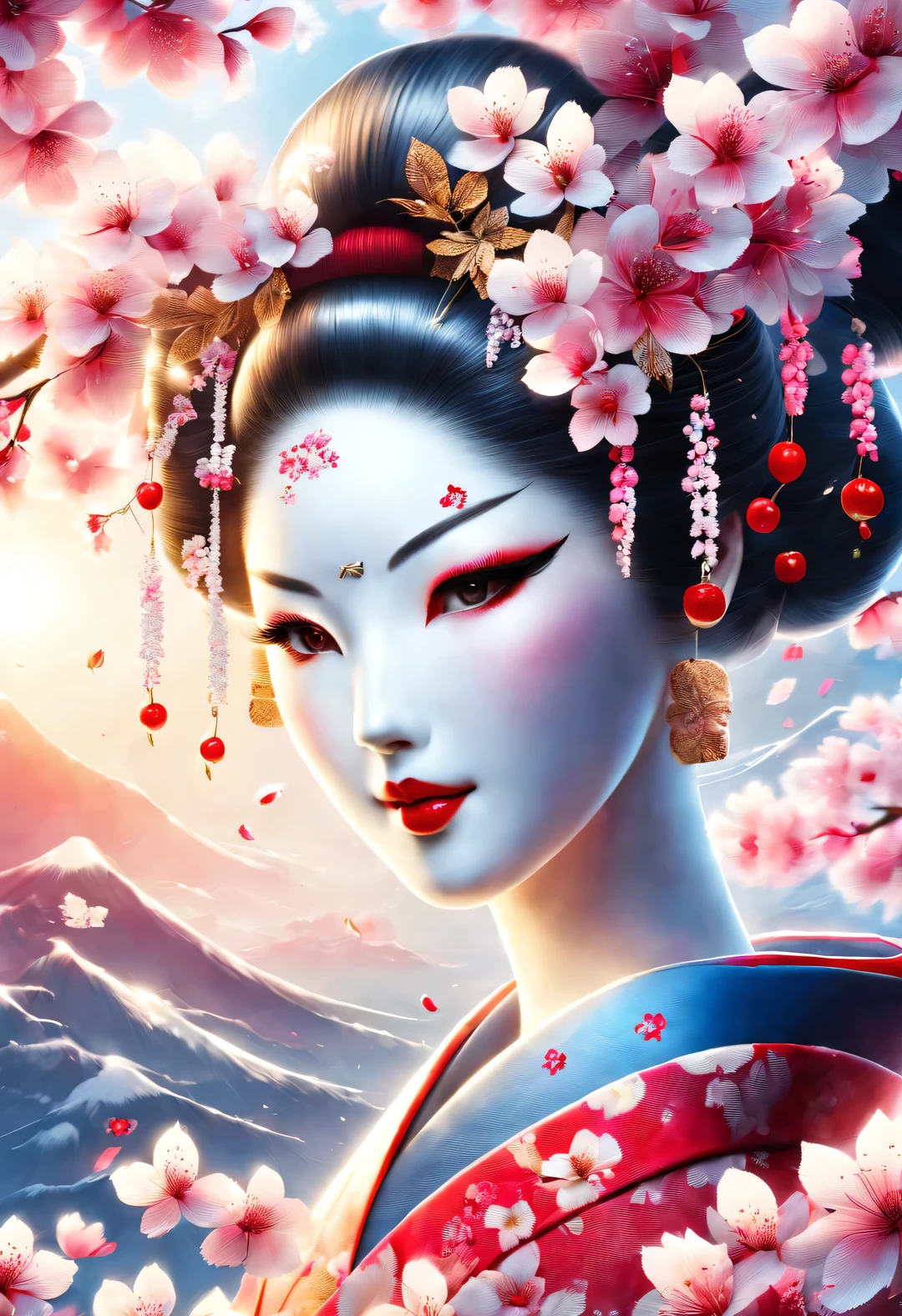 (Under white cherry blossoms，Geisha stands gracefully, Look back and smile: 0.85), (many, many white cherry blossom petals are falling one after another),
White base makeup on girl&#39;s face without any highlight or shadow decoration. All-white makeup covering face and neck. Red lip makeup is a small mouth that is smaller than the normal lip area. Thick eyeliner can emphasize the eye contour, Strengthen eyes, Pupils appear dark and deep. One-line eyebrows are eye-catching without being harsh, And the whole face is clean. Typical Japanese Geisha makeup,
(Wearing a gorgeous kimono embroidered with black and gold cherry blossoms: 0.8), Long-sleeved kimono, Wearing Japanese getas,
background: under the sunset, many red cherry blossom petals fall one after another, deep pink and blue,
Surrealism, Realistic depiction of light and shadow, Real and exaggerated photos, super high quality, Super detailed details, movie shot, shallow view deep,