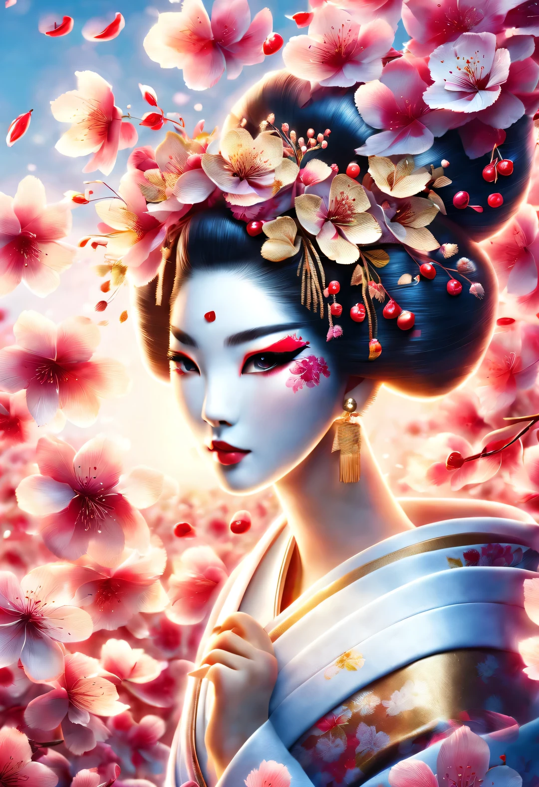 (Under white cherry blossoms，Geisha stands gracefully, Look back and smile: 0.85), (many, many white cherry blossom petals are falling one after another),
White base makeup on girl&#39;s face without any highlight or shadow decoration. All-white makeup covering face and neck. Red lip makeup is a small mouth that is smaller than the normal lip area. Thick eyeliner can emphasize the eye contour, Strengthen eyes, Pupils appear dark and deep. One-line eyebrows are eye-catching without being harsh, And the whole face is clean. Typical Japanese Geisha makeup,
(Wearing a gorgeous kimono embroidered with black and gold cherry blossoms: 0.8), Long-sleeved kimono, Wearing Japanese getas,
background: under the sunset, many red cherry blossom petals fall one after another, deep pink and blue,
Surrealism, Realistic depiction of light and shadow, Real and exaggerated photos, super high quality, Super detailed details, movie shot, shallow view deep,