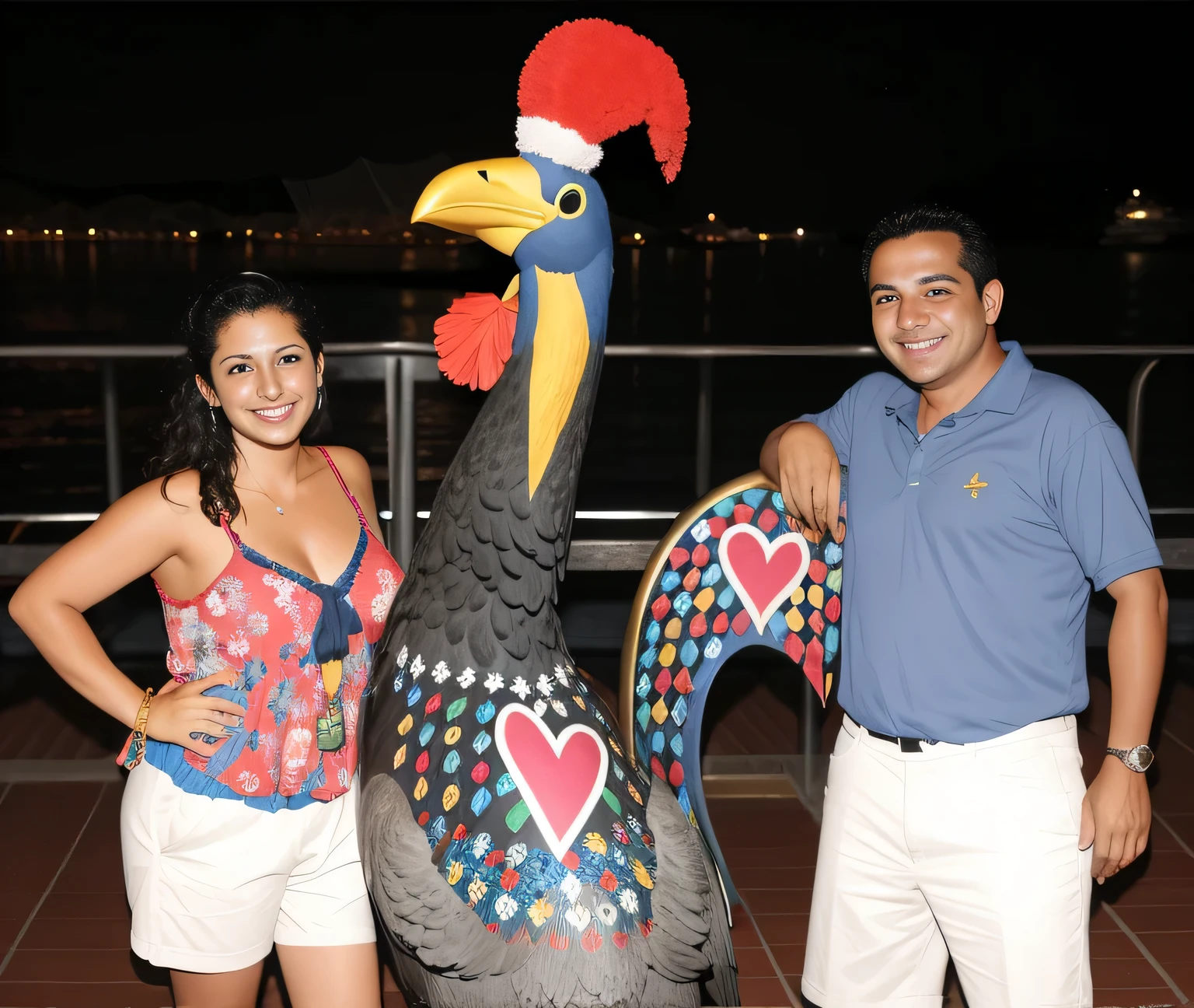they are posing with a digitar statue on the deck of a cruise ship, foto 2010, digitar!!!!, frango antropomorfizado, 2010 foto, Festival, convencido, vacation photo, um de madeira, photo taken at night, homem-ganso, reina rocin, foto - tiro, Photographic Marketing, frango