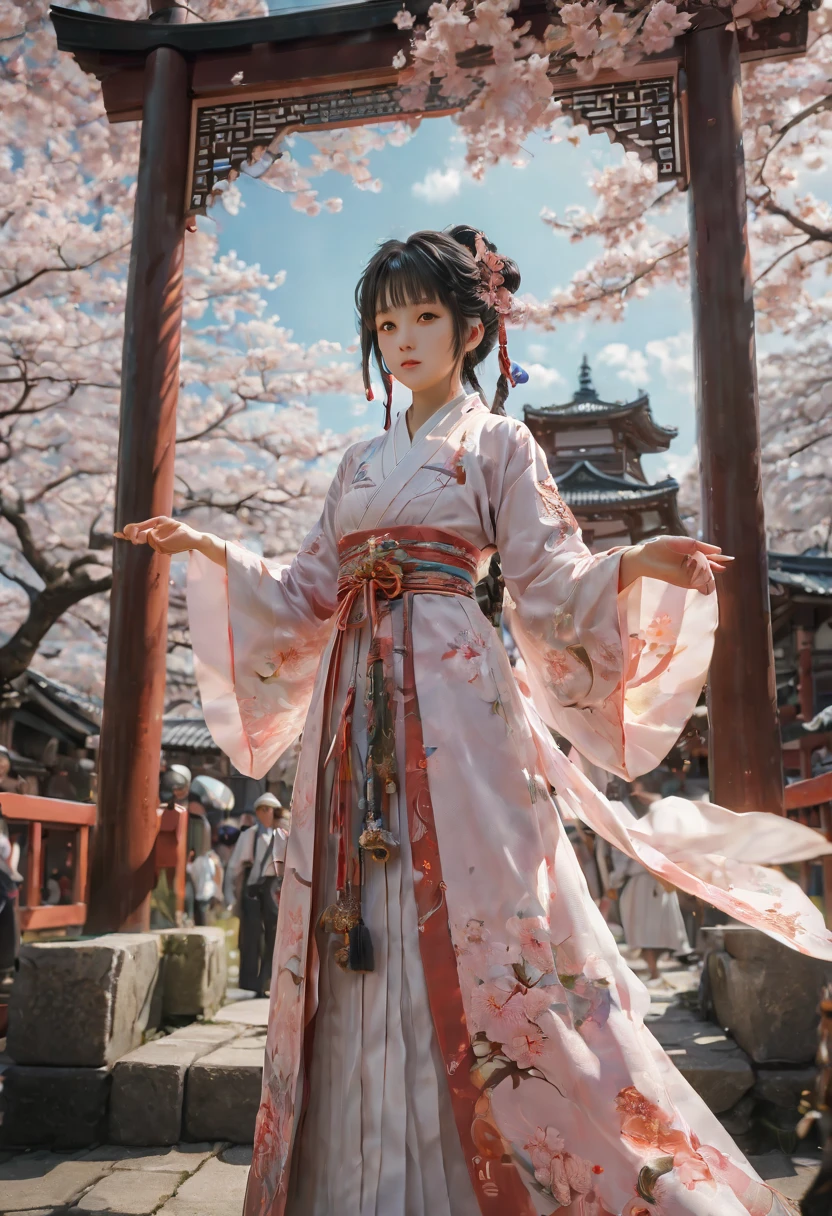 cinematic still, Sakura Maiden, girl, festival, noon, junoesque, masterful, 35mm photograph, emotional, harmonious, vignette, highly detailed, high budget, cinemascope, epic, gorgeous, best quality, masterpiece, Representative work, official art, Professional, Ultra intricate detailed, 8k