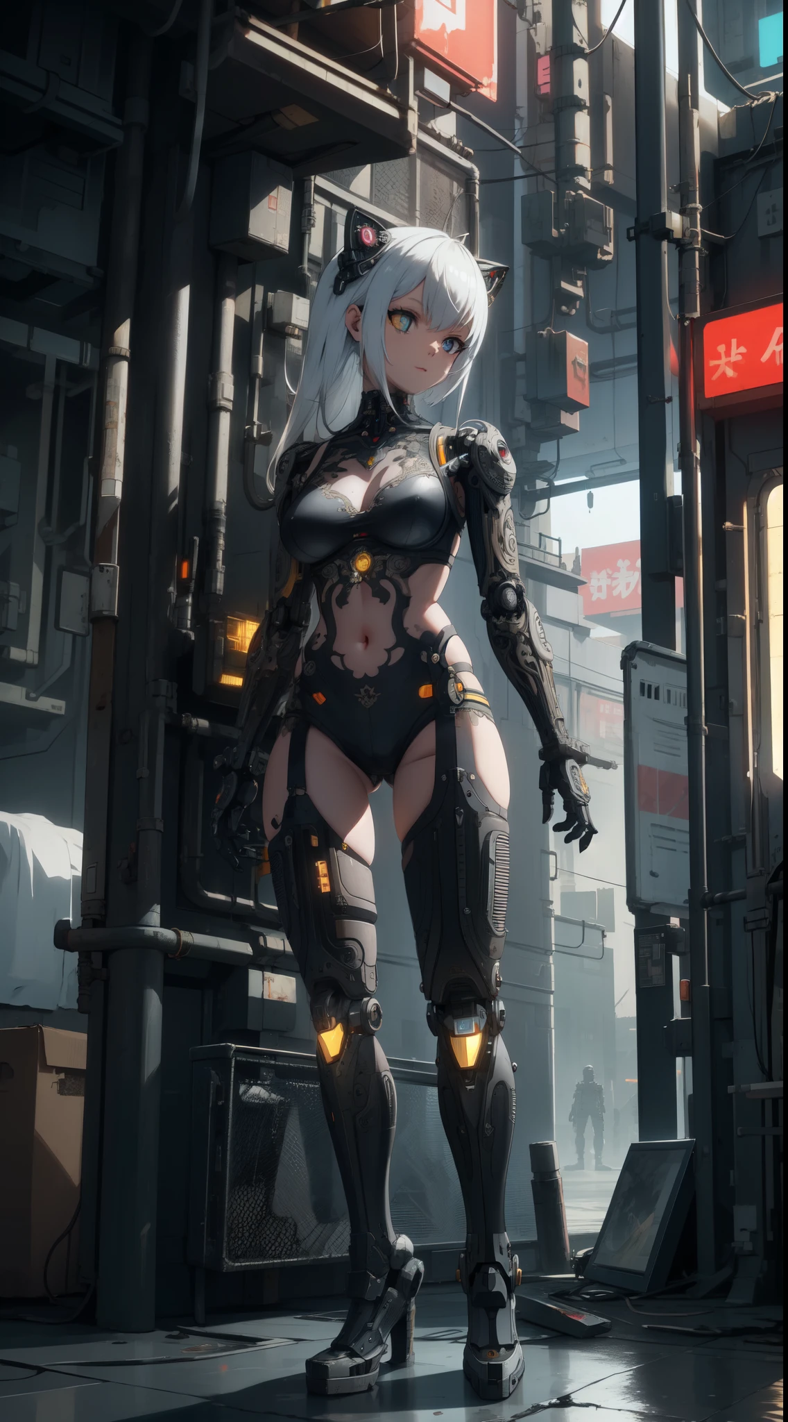 A cute kitten made of metal, robot, cyberpunk style, ((intricate details)), hdr, ((intricate details, super detailed)), cinematic footage, vignette  
