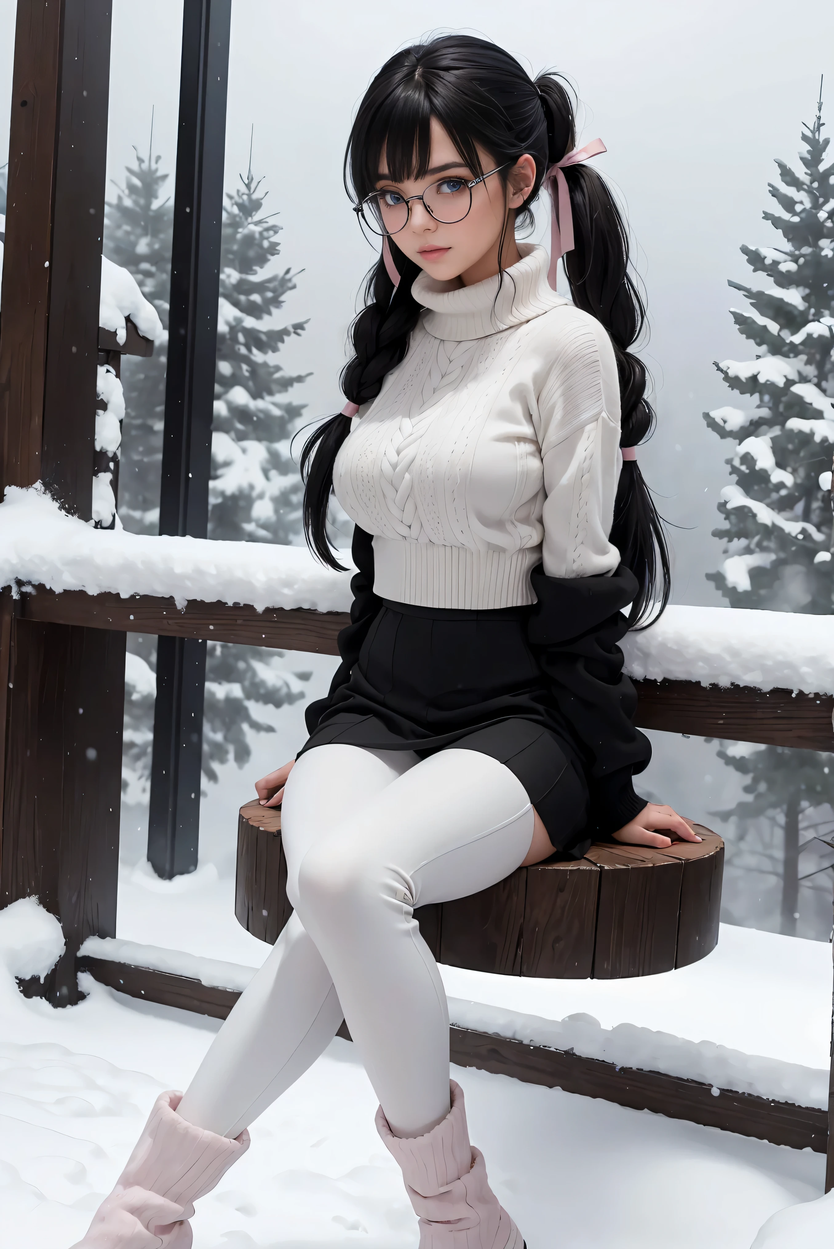 (Best Quality,High resolution:1.2), Ultra-detailed, Realistic portrait, hot Cypriot girl,, pretty face, perfect long legs, full body, tiny waist. large breasts, standing, tight white cropped jumper, black high waist leggings, pink and white snow boots, in the snow, large blue eyes, long black hair tied up with a ribbon, pigtails, tight high waist skirt, woolen socks, hair bangs, snowing, foggy, (large round black rimmed glasseidriff