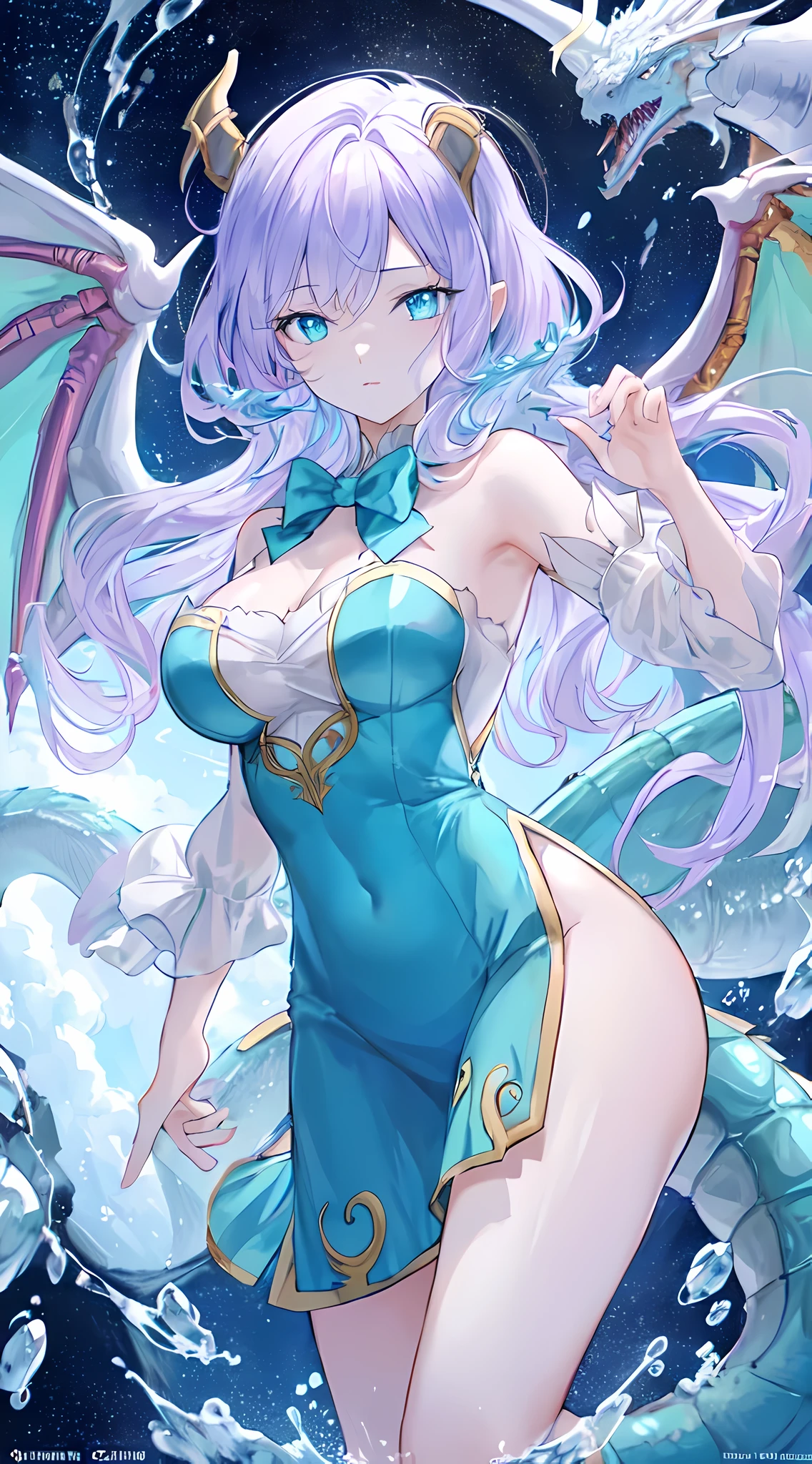 (anime,masterpiece, top quality, best quality,beautiful and aesthetic:1.2,professional illustrasion:1.1,ultra detail:1.3, official art, professional illustrasion, Ultra-detailed depiction, Ultra-precise depiction, extremely detailed 8k illustration, highres, ultra detailed painting, soft shadows), (1girl), dragon tail, dragon wings, long curly pale purple hair, short crystalline dragon horns, (pale bluish skin), ruffled beast ears, decorative fins on hips, fin-like wings, ((bright aquamarine eyes)), (slitted pupils), ((((water dragon))))