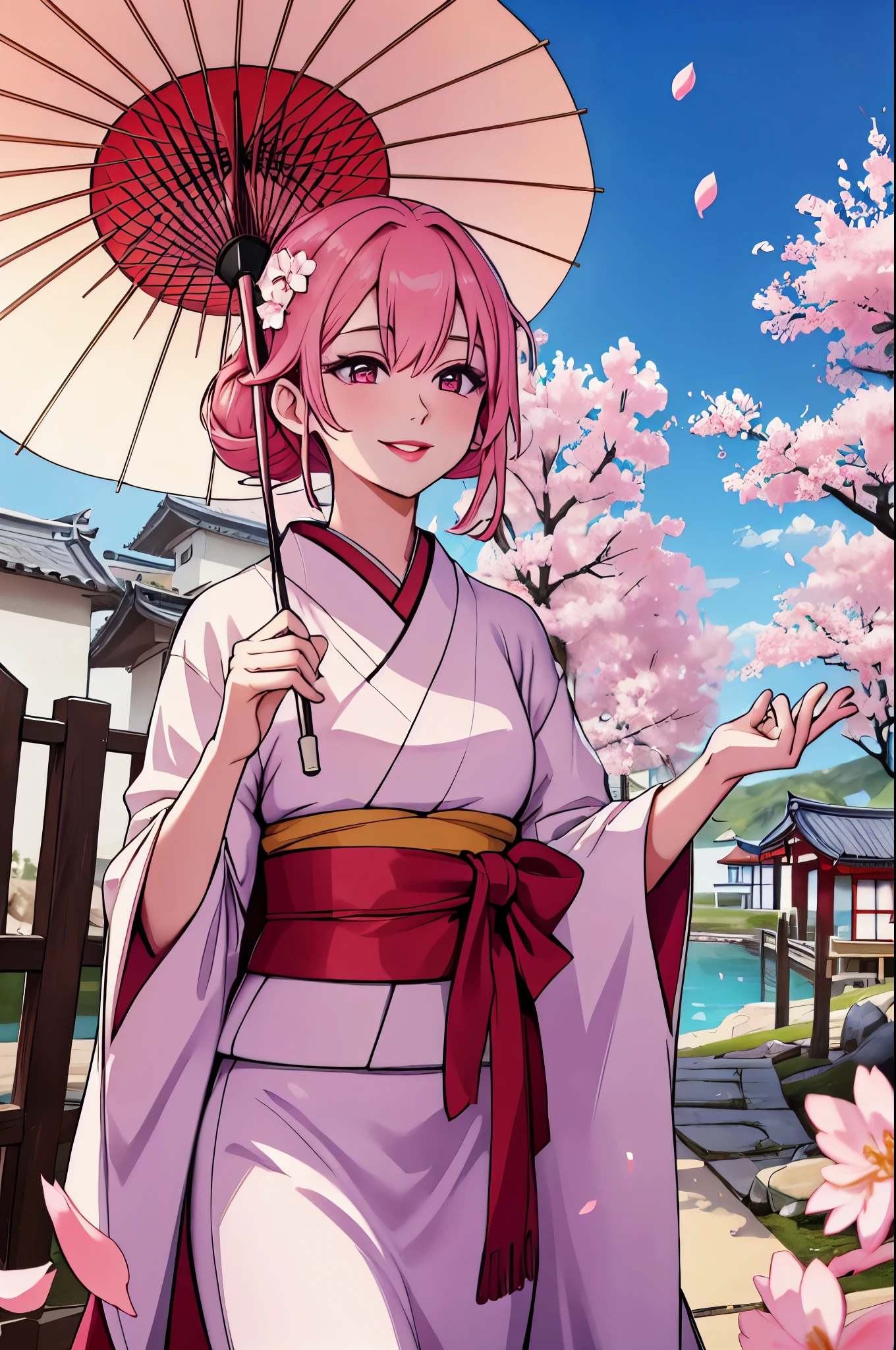 masterpiece:1.2, ultra high quality, stunning image:1.2, absurdres, Woman, mature:1.4, sakura maiden, holding a bright pink parasol, bright red lips, pale face, smiling, asian facial structure, japanese village, sakura petals