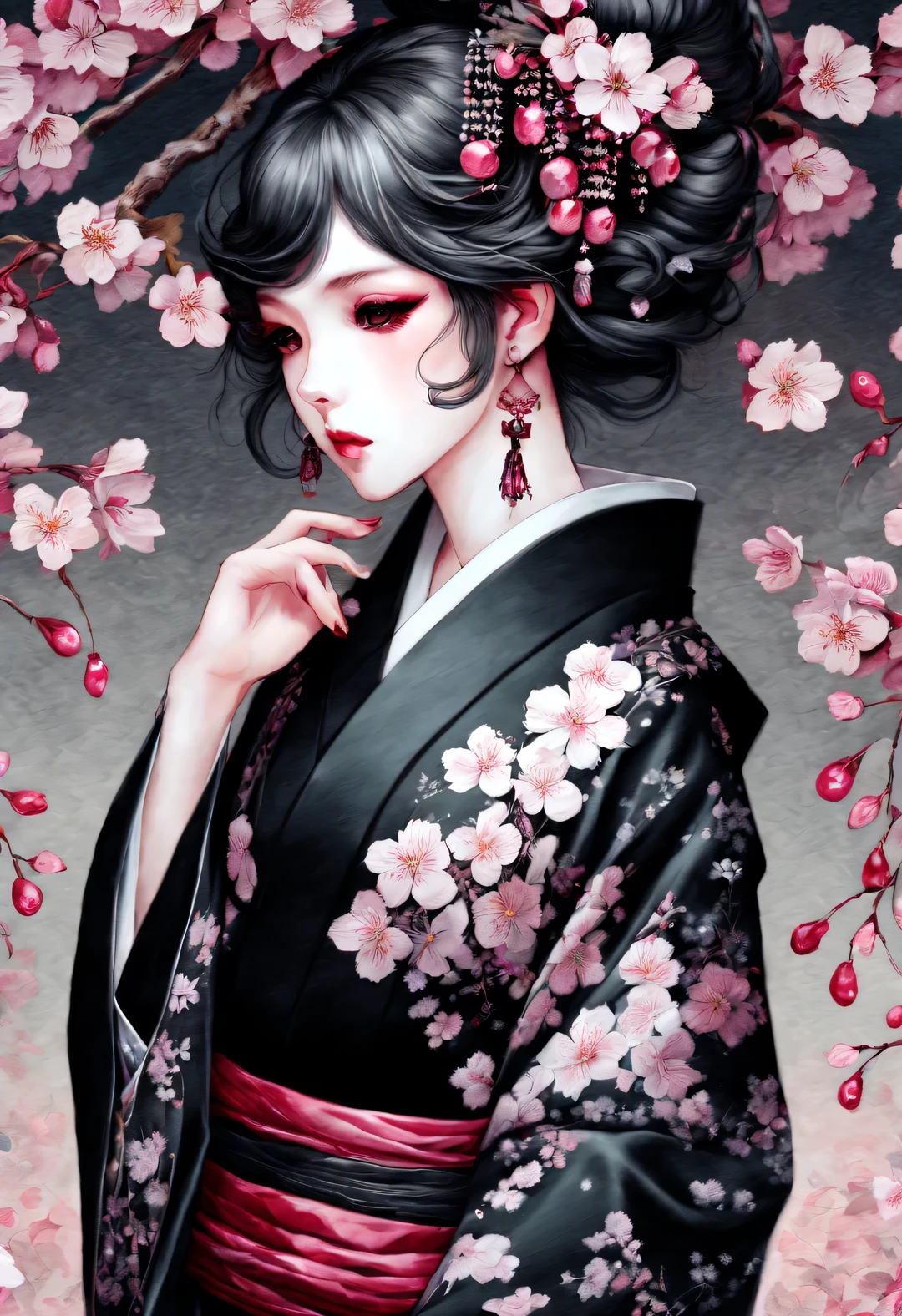 Sakura girl wearing black kimono，Adopt Miho Hirano、Becky Clongola Keys、button、letter&#39;style，Sakura original painting，colorful melancholy，Gothic dark and gorgeous，scarlet，baroque portraiture，Extensive decoration，arabesque/reel